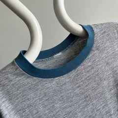 1970/80s Two Tone Gray and Blue Ring T-Shirt (Single Stitch and Worn)