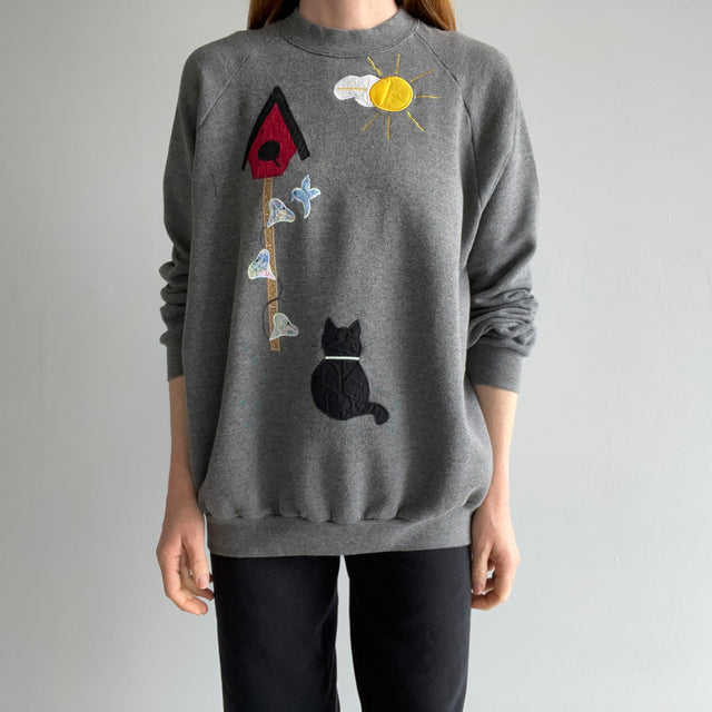 1980s Black Cat Watching the Bird House DIY Sweatshirt