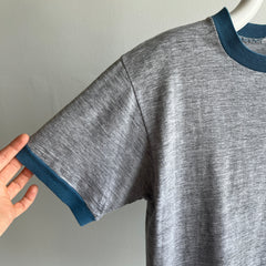 1970/80s Two Tone Gray and Blue Ring T-Shirt (Single Stitch and Worn)