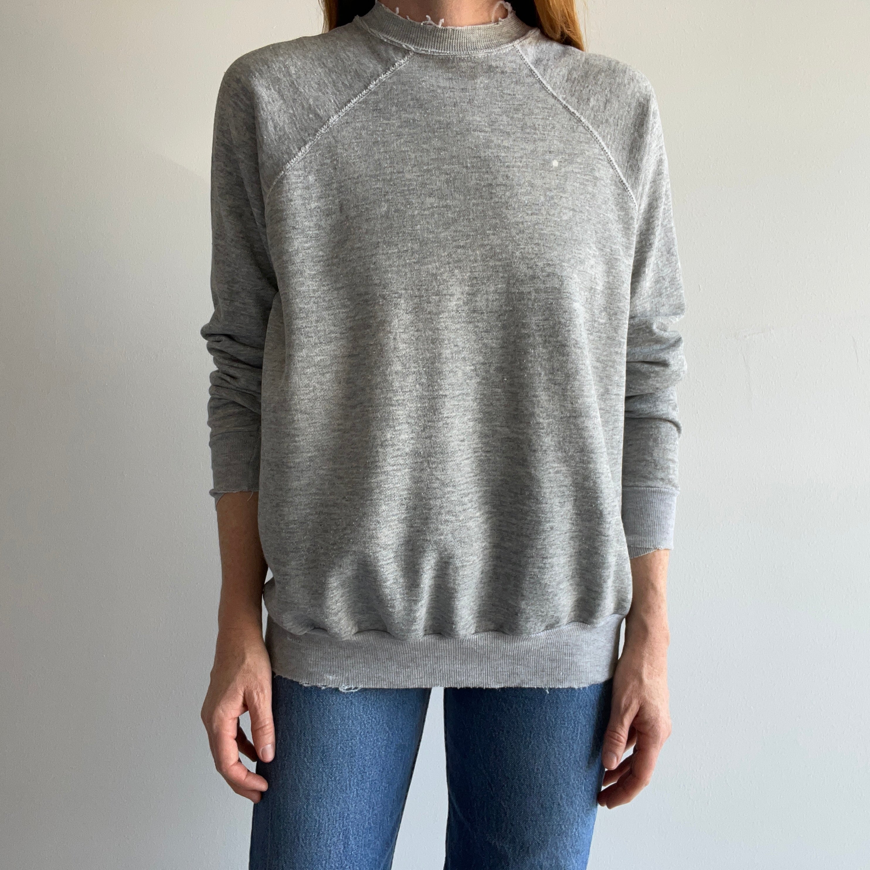 1980s Super Tattered, Torn and Worn Bleach Stained Blank Gray Sweatshirt