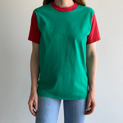 1980s Teel Green and Red Two Tone T-Shirt with Extreme Sun Fading