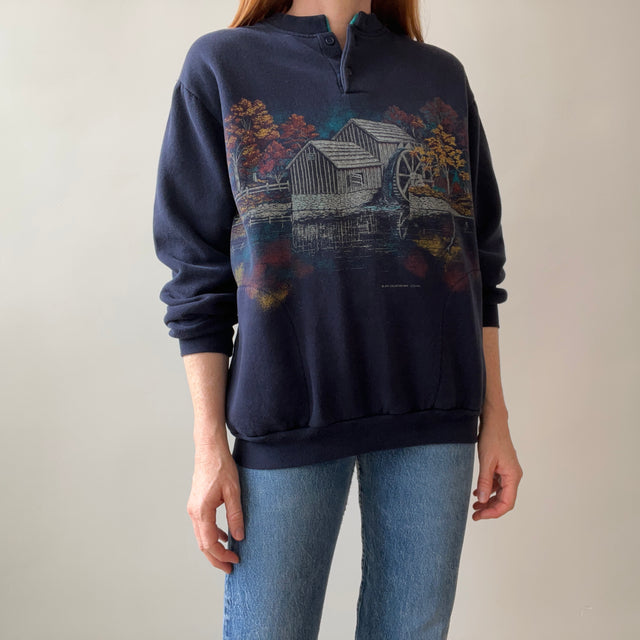 1994 Wrap Around Autumn Scene Henley Sweatshirt with Pockets