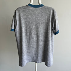 1970/80s Two Tone Gray and Blue Ring T-Shirt (Single Stitch and Worn)