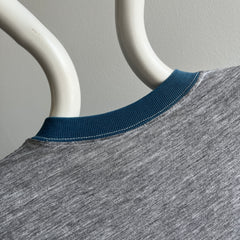 1970/80s Two Tone Gray and Blue Ring T-Shirt (Single Stitch and Worn)