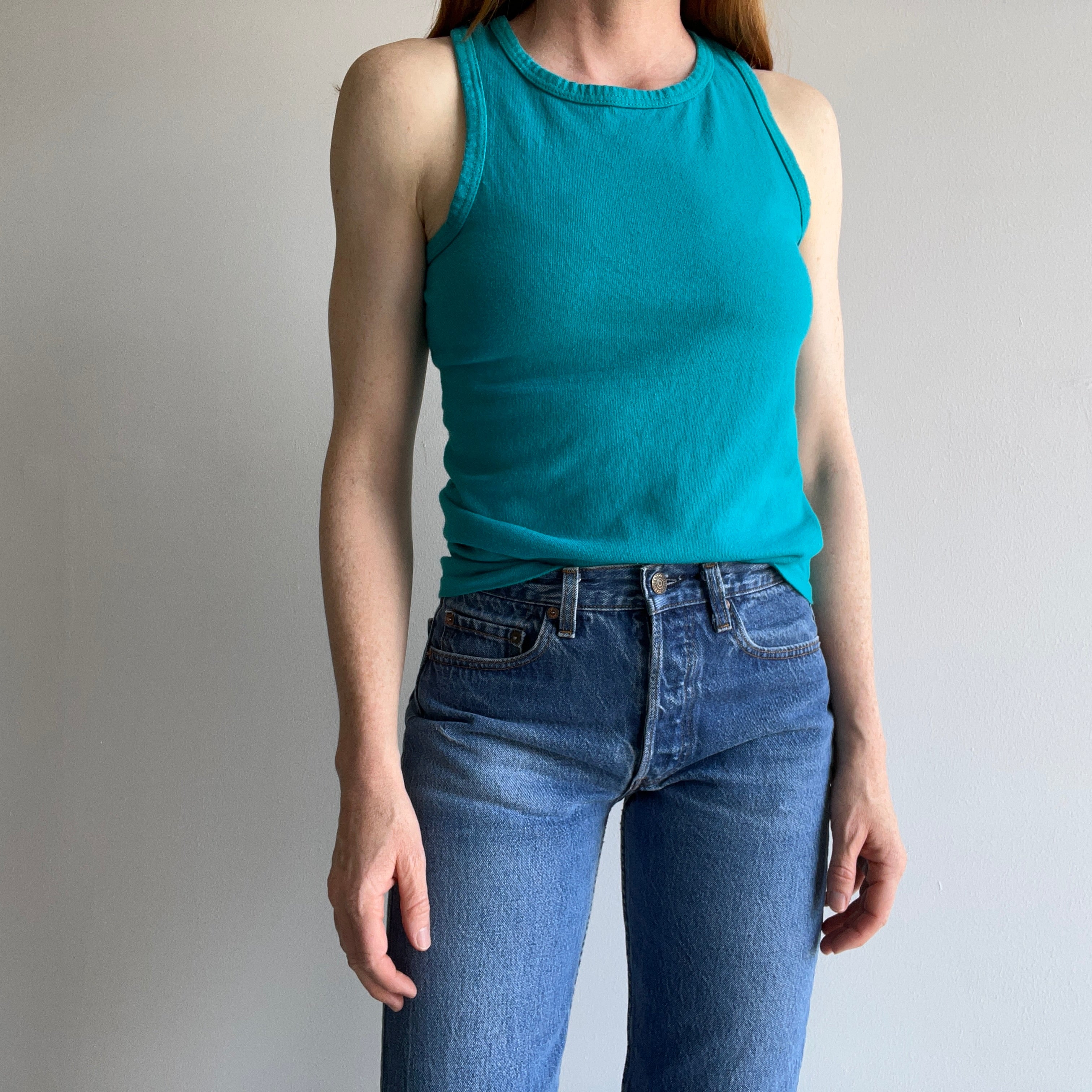 1970/80s Turquoise Cotton Racer Back Tank Top - !!!!!