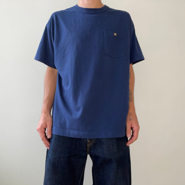 1980s Blank Navy Blue Pocket T Shirt - with a single perfect button
