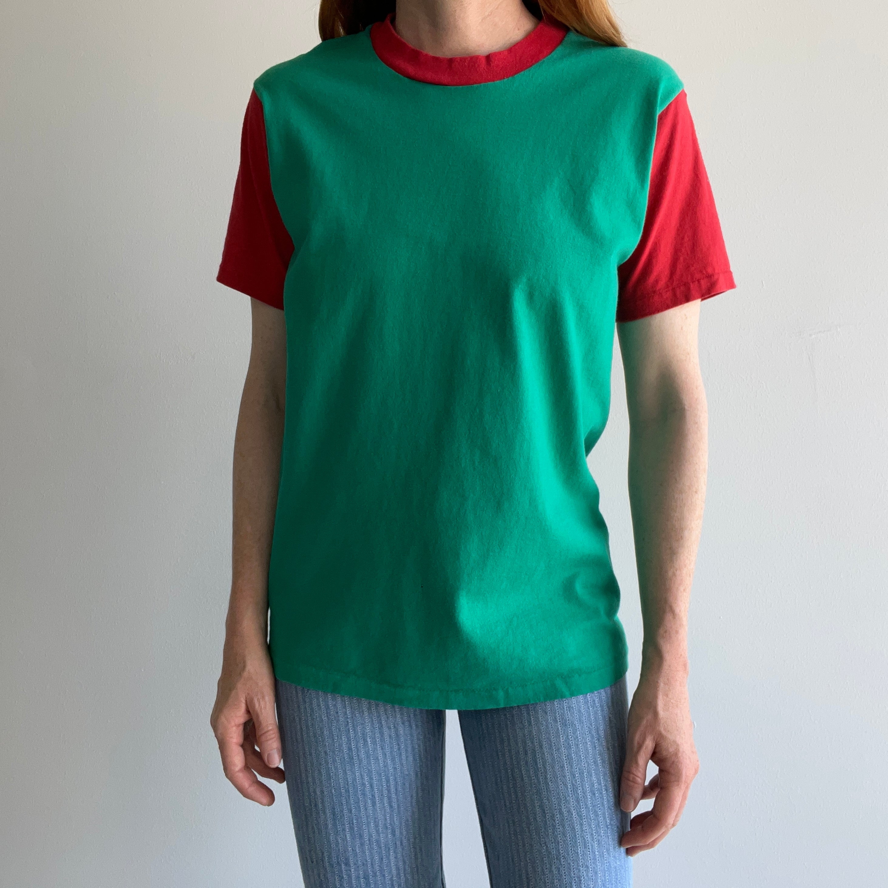 1980s Teel Green and Red Two Tone T-Shirt with Extreme Sun Fading