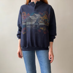 1994 Wrap Around Autumn Scene Henley Sweatshirt with Pockets