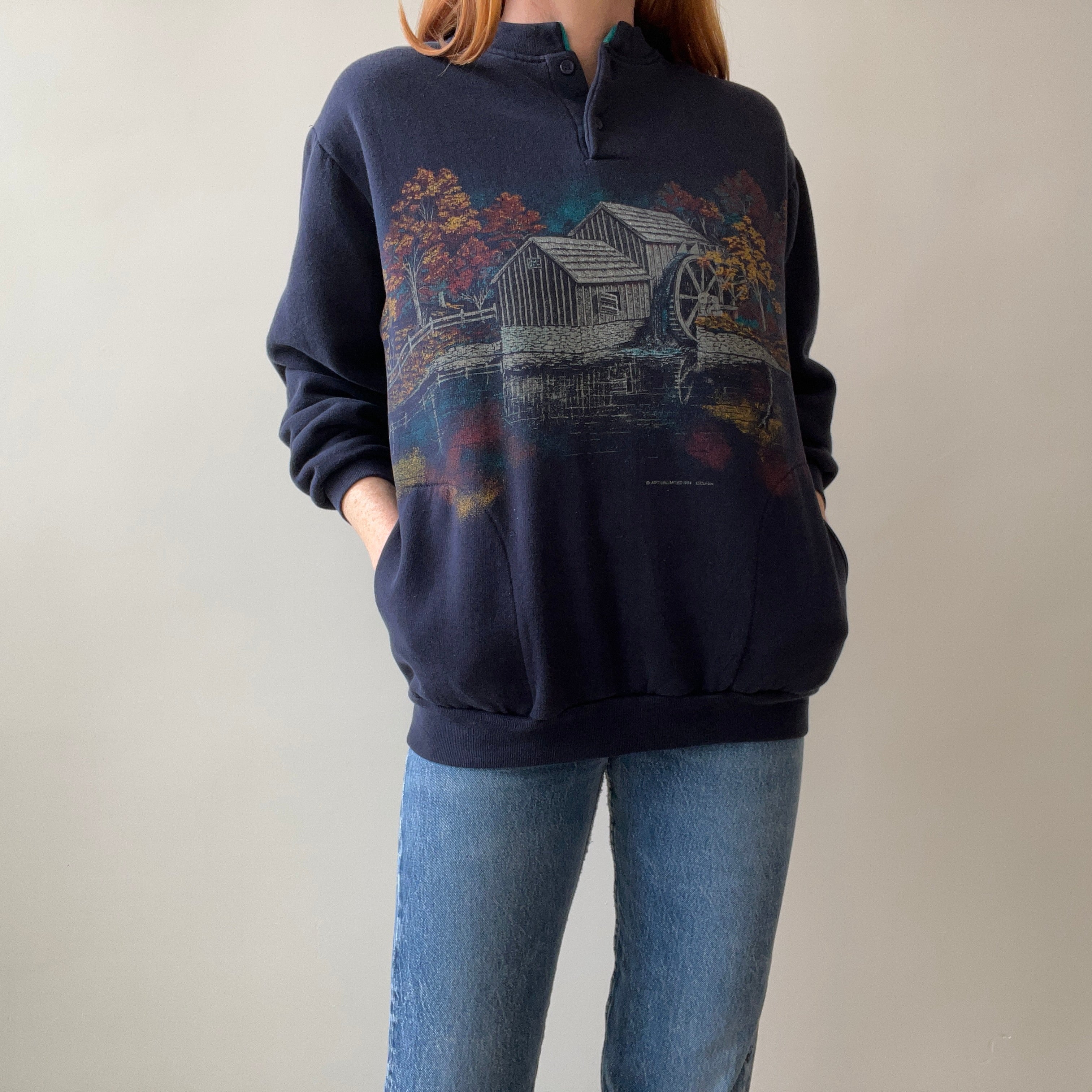 1994 Wrap Around Autumn Scene Henley Sweatshirt with Pockets