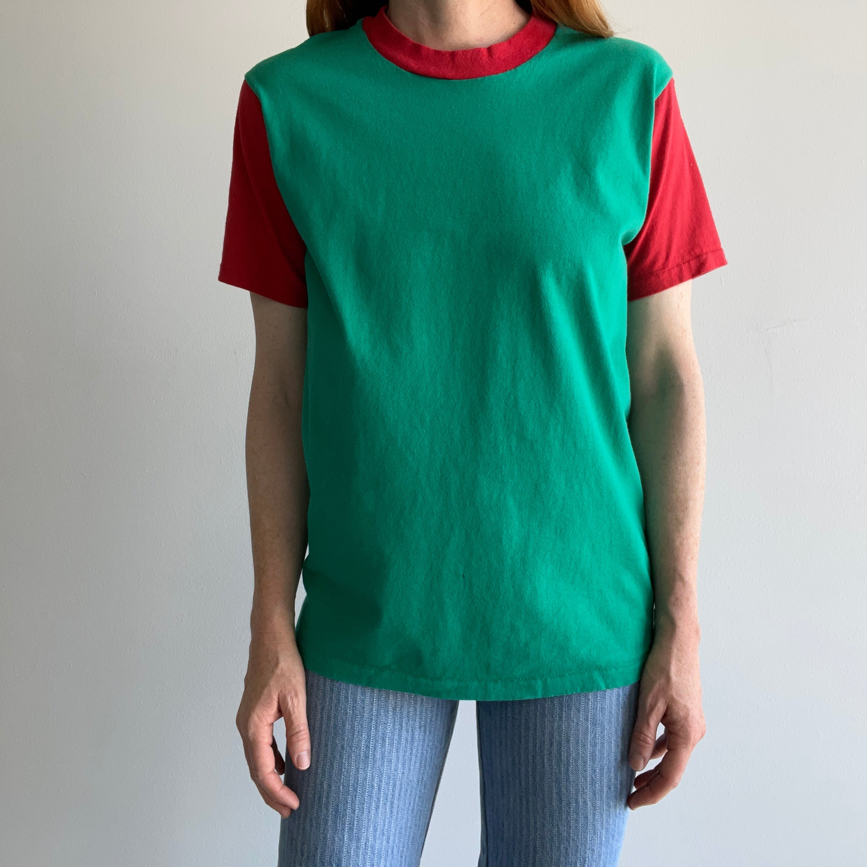 1980s Teel Green and Red Two Tone T-Shirt with Extreme Sun Fading