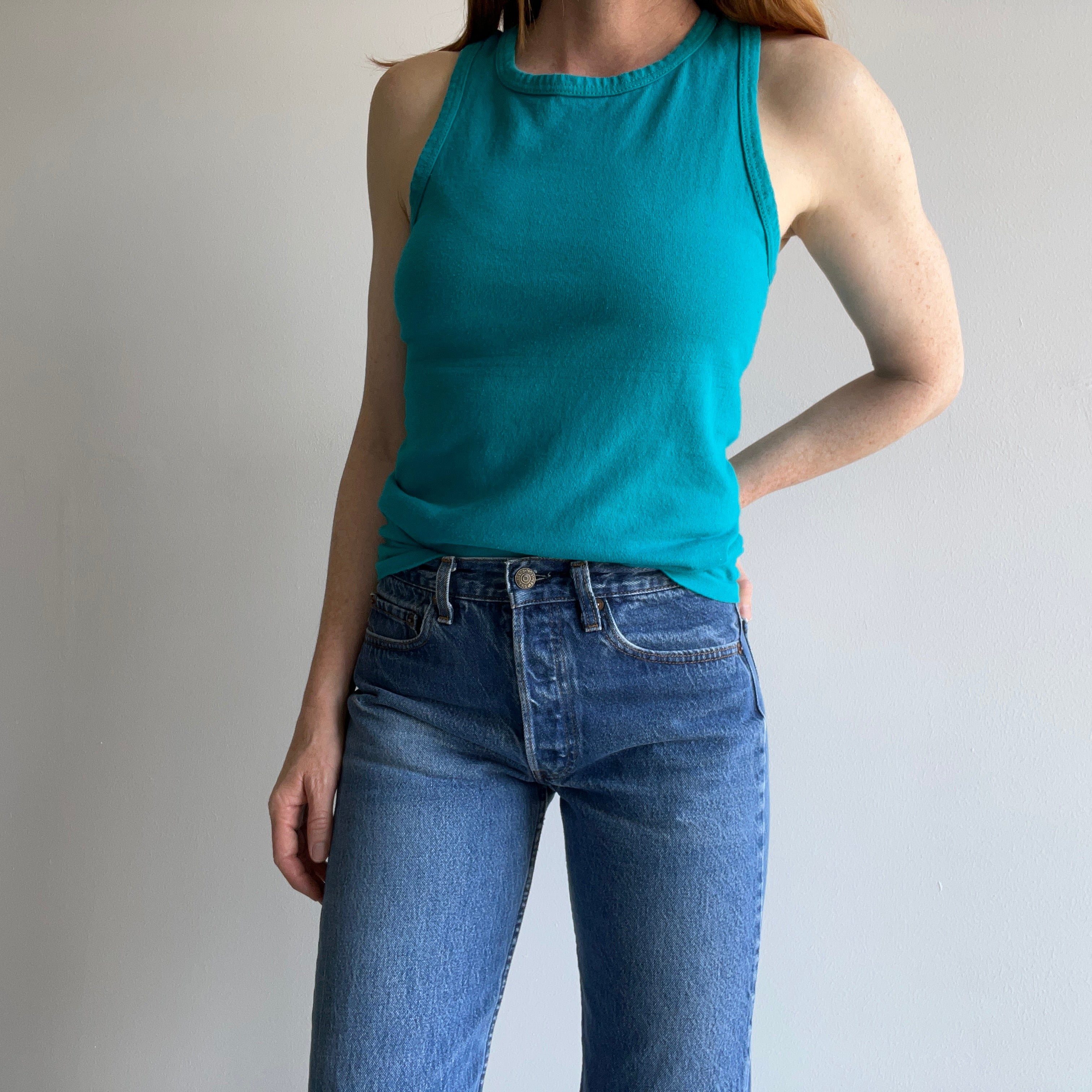 1970/80s Turquoise Cotton Racer Back Tank Top - !!!!!