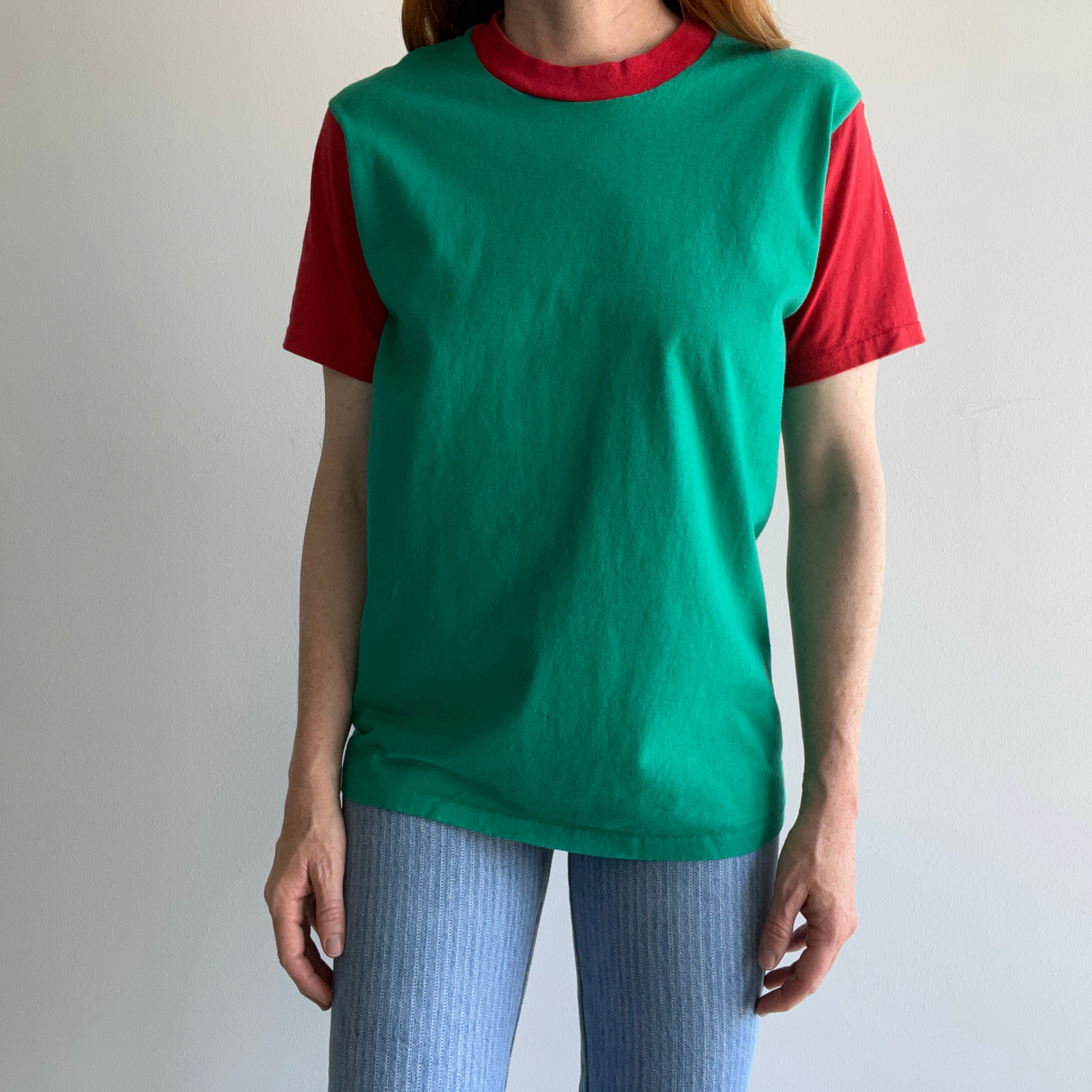 1980s Teel Green and Red Two Tone T-Shirt with Extreme Sun Fading