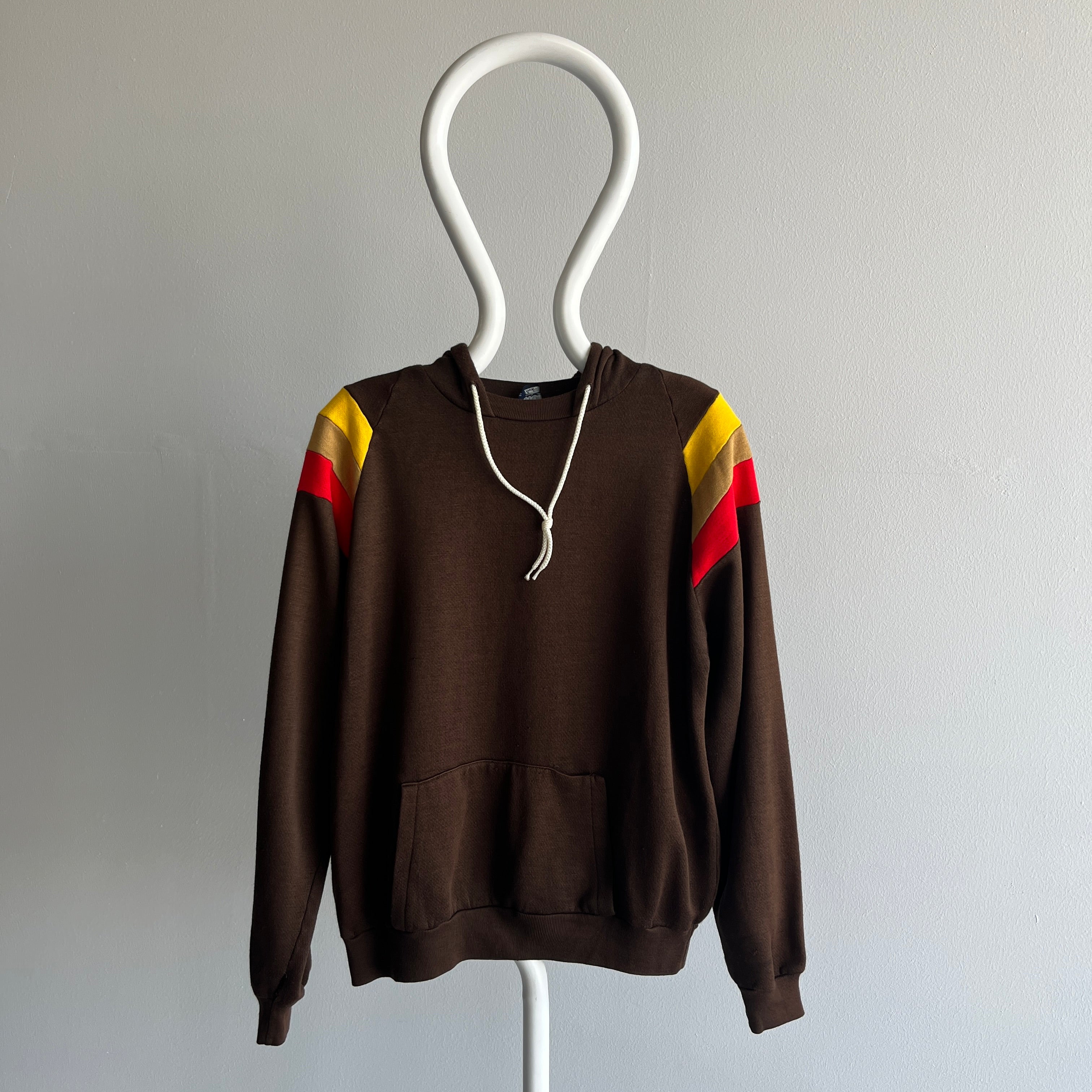 1970/80s Color Block Pullover Hoodie - Brown, Red, Yellow