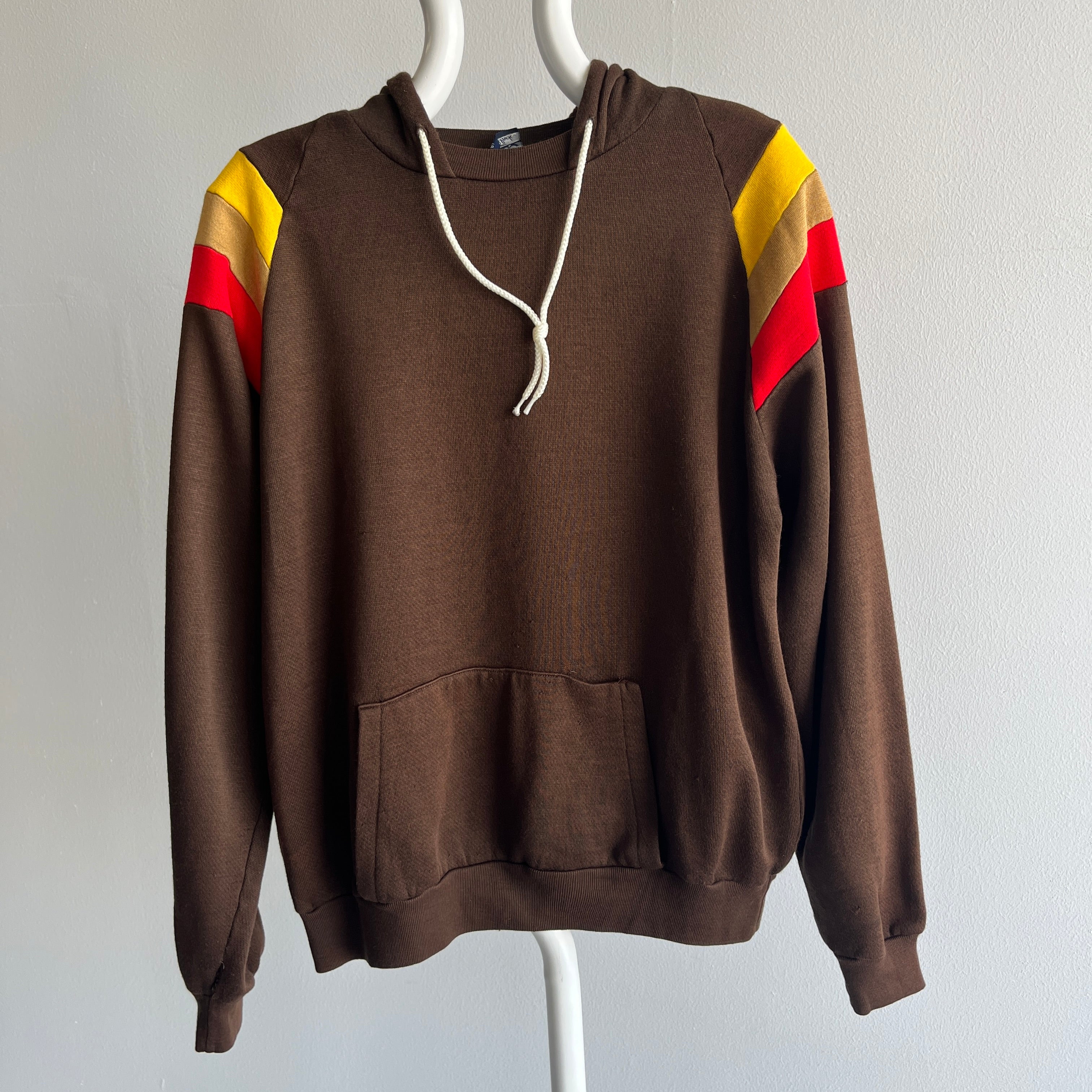 1970/80s Color Block Pullover Hoodie - Brown, Red, Yellow