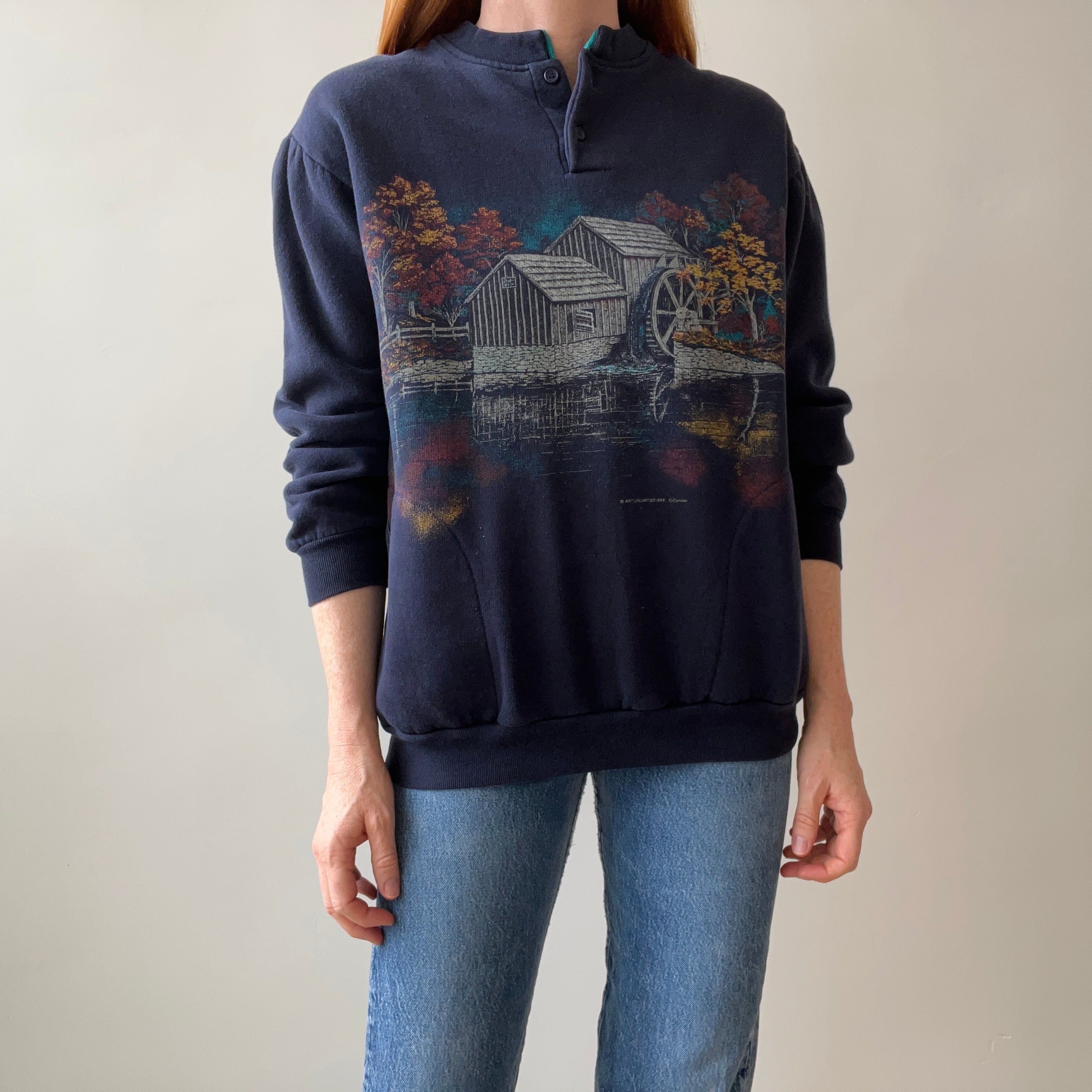 1994 Wrap Around Autumn Scene Henley Sweatshirt with Pockets