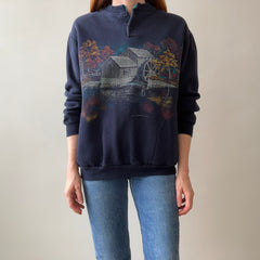 1994 Wrap Around Autumn Scene Henley Sweatshirt with Pockets