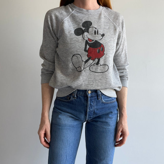 1980s Thinned Out Tattered and Torn Mickey Raglan Sweatshirt - Collectible