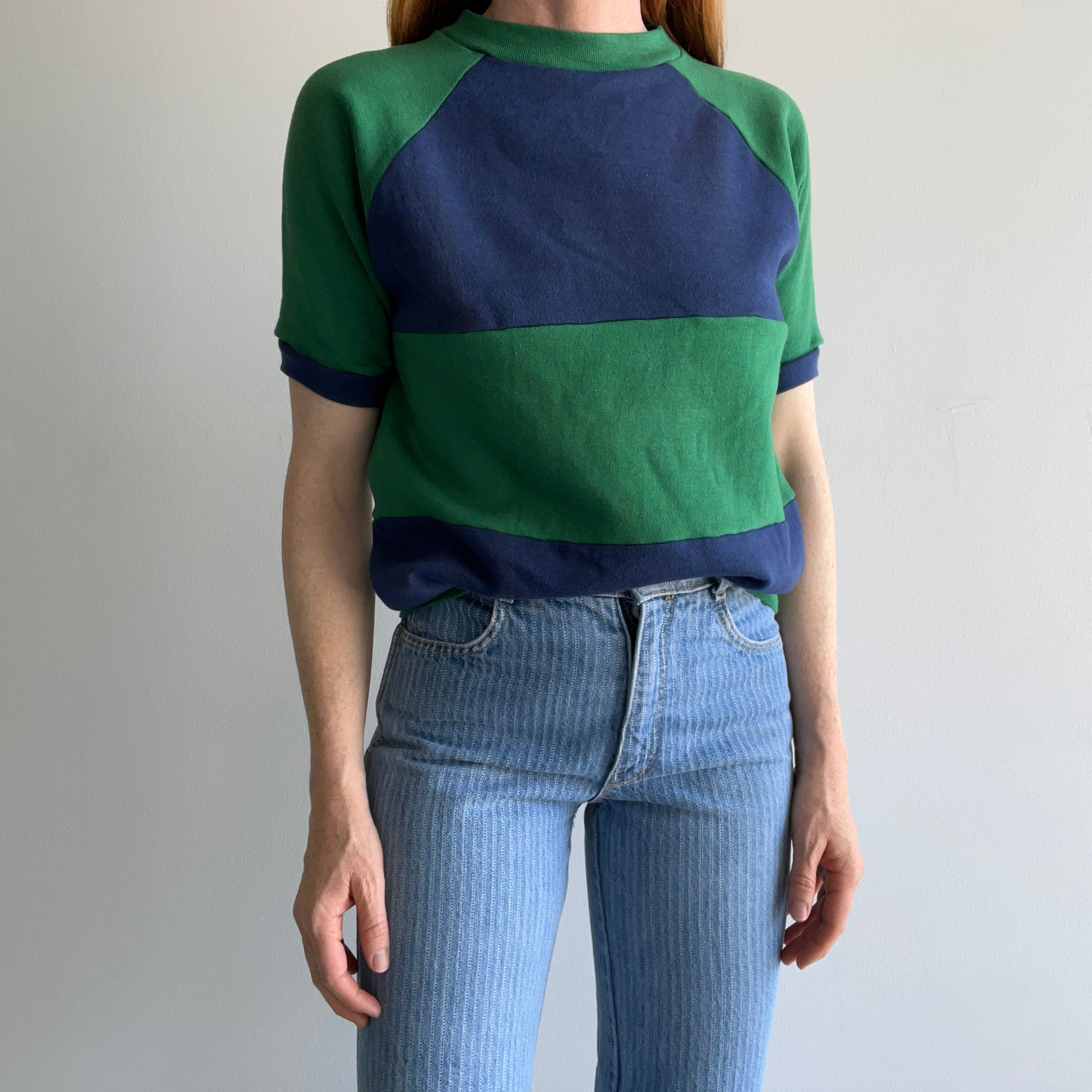 1970/80s Stallion by Healthknit Two Tone Blue and Green Warm Up Sweatshirt