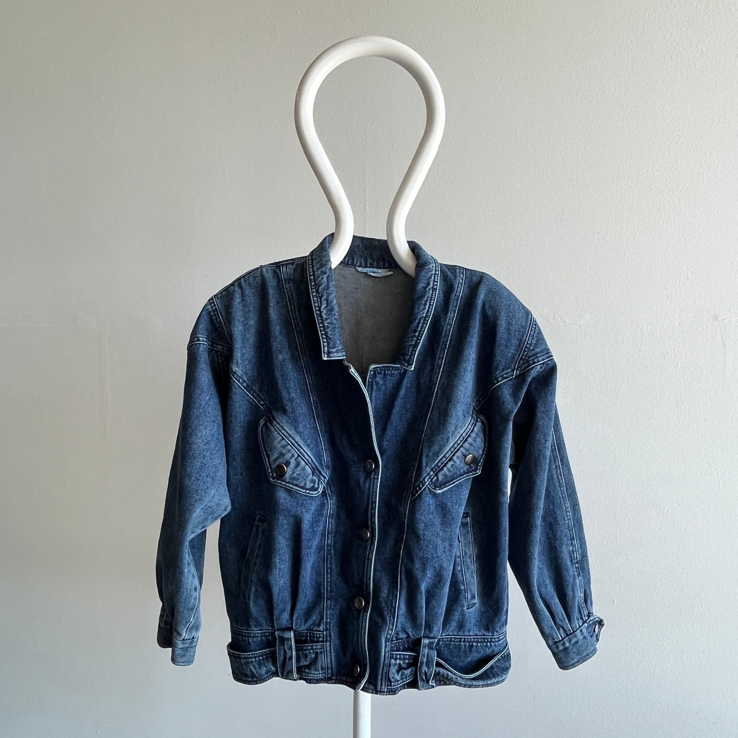 1980s Soft Denim Bomber with Shoulder Pads and Rad Detailing