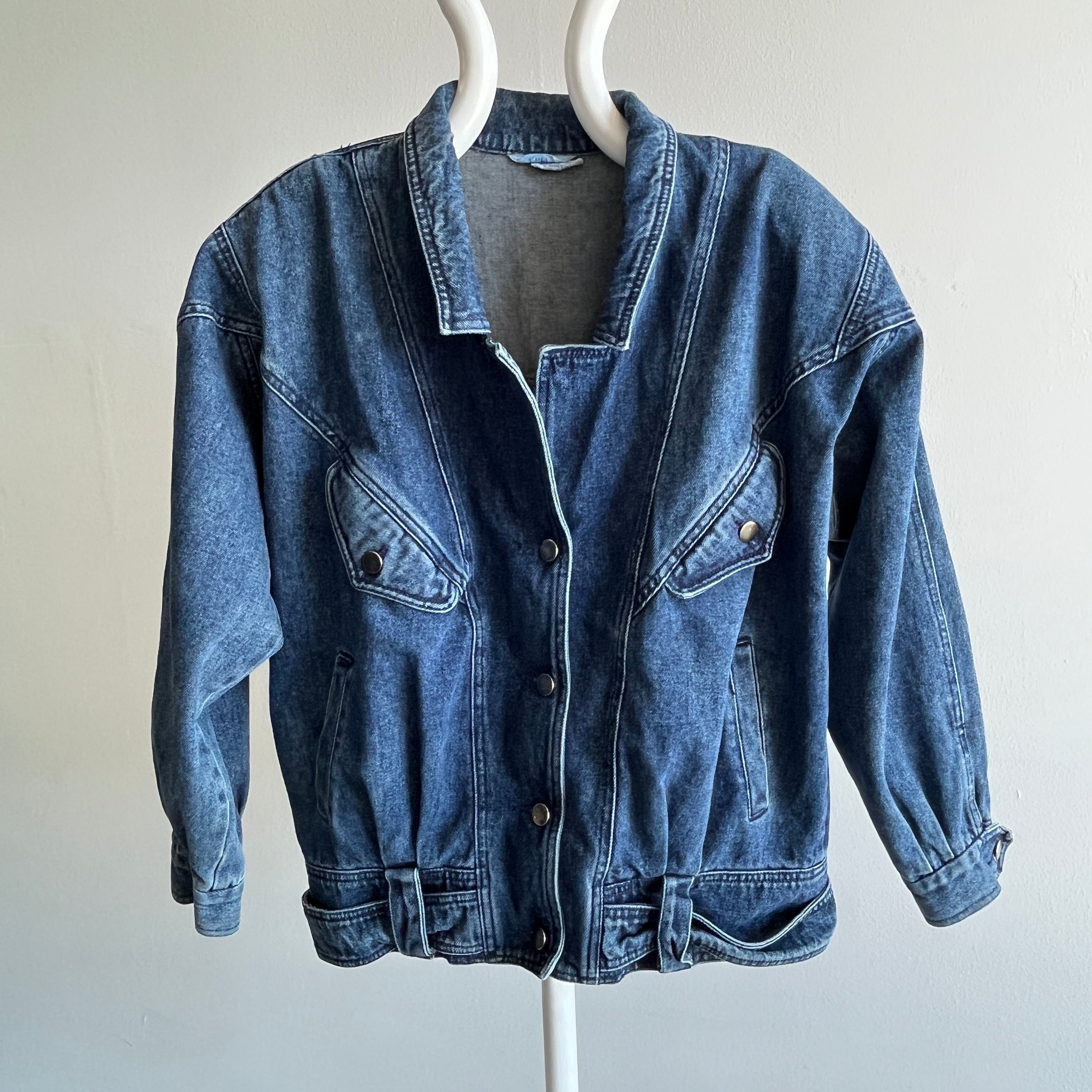 1980s Soft Denim Bomber with Shoulder Pads and Rad Detailing