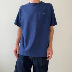 1980s Blank Navy Blue Pocket T Shirt - with a single perfect button