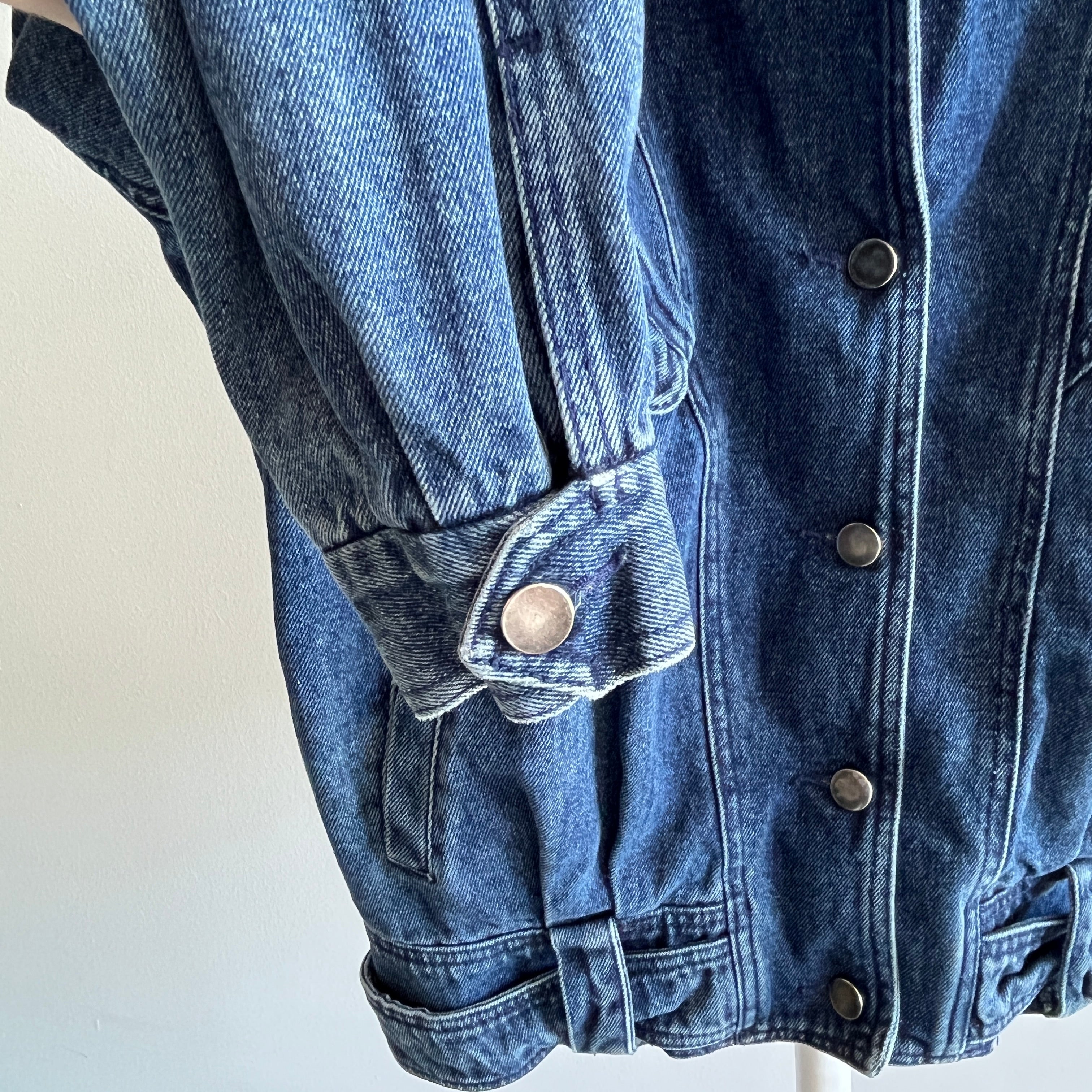 1980s Soft Denim Bomber with Shoulder Pads and Rad Detailing