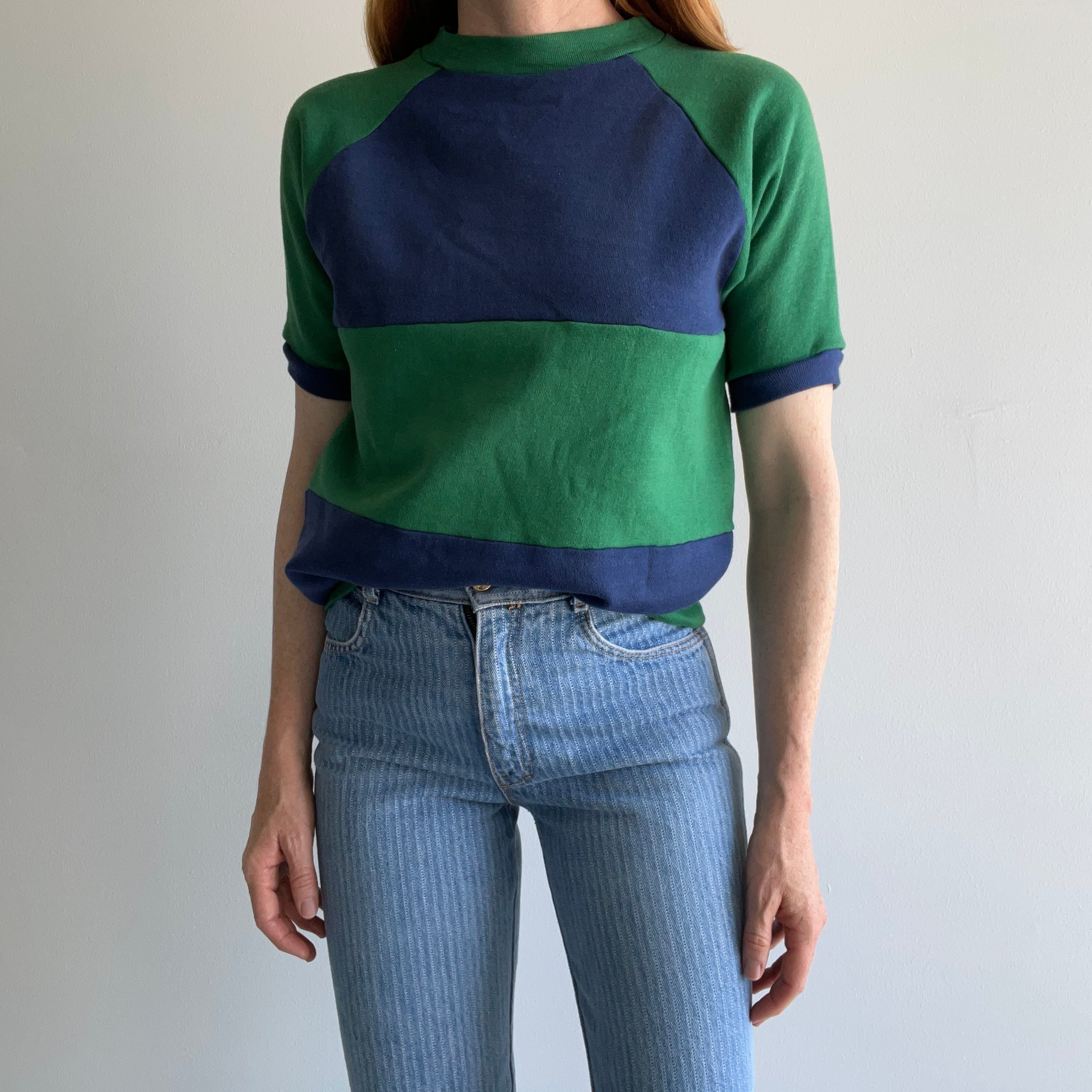 1970/80s Stallion by Healthknit Two Tone Blue and Green Warm Up Sweatshirt