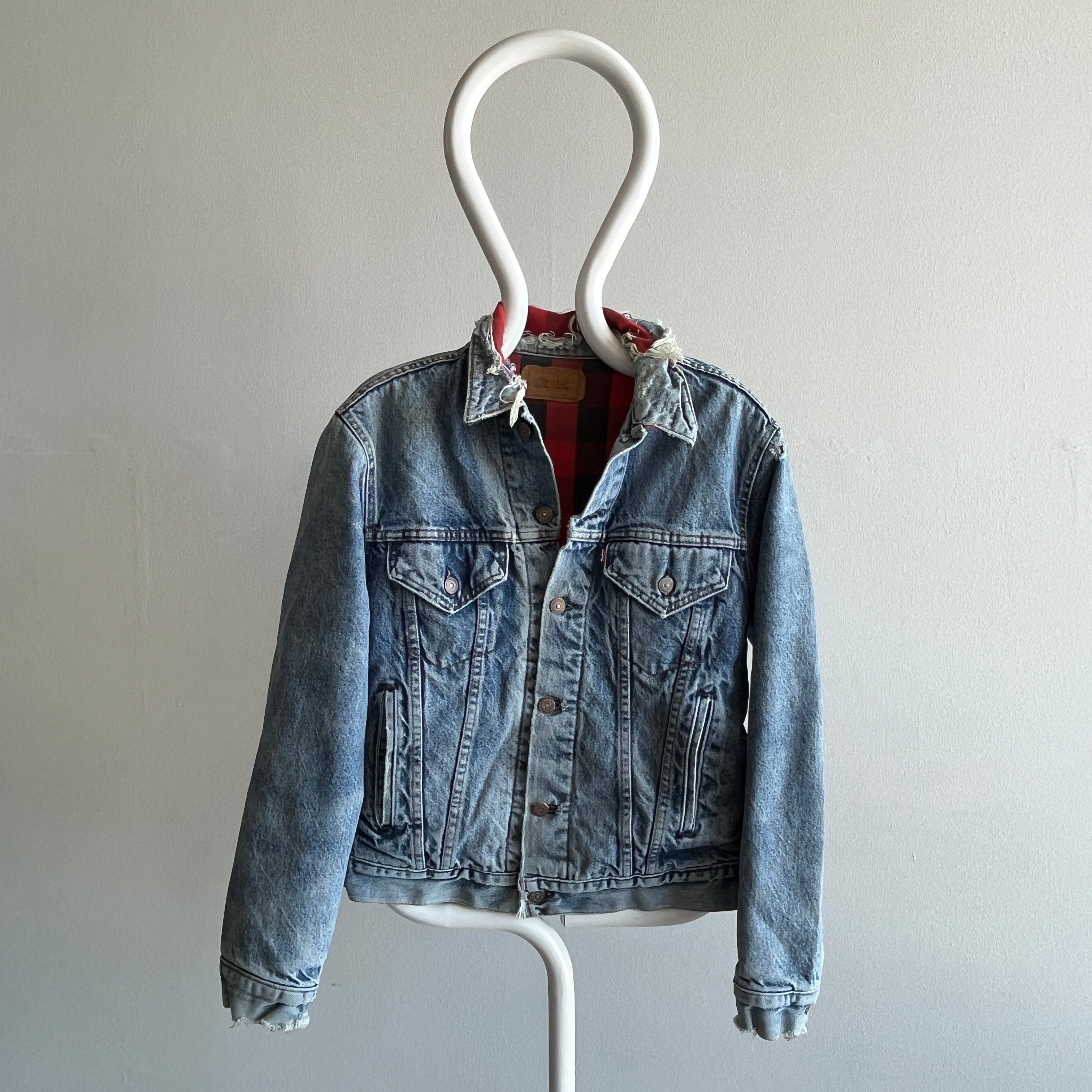 1990s Beautifully Beat Up Buffalo Plaid Cotton Lined Levi's Trucker Denim Jean Jacket