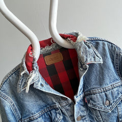 1990s Beautifully Beat Up Buffalo Plaid Cotton Lined Levi's Trucker Denim Jean Jacket