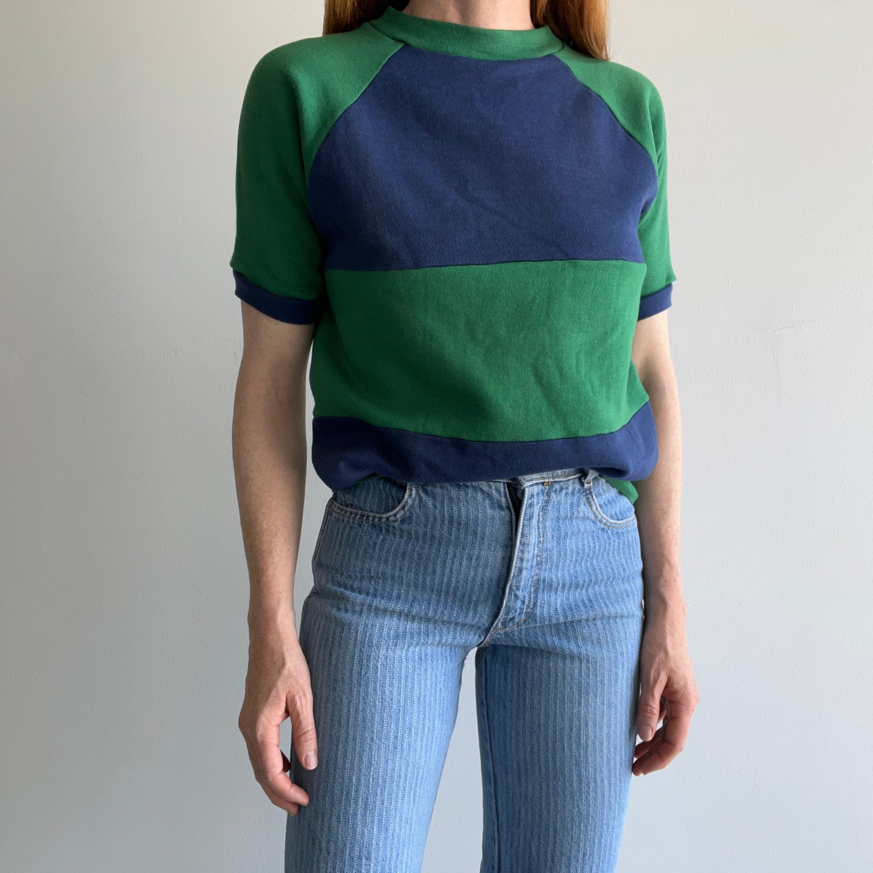 1970/80s Stallion by Healthknit Two Tone Blue and Green Warm Up Sweatshirt