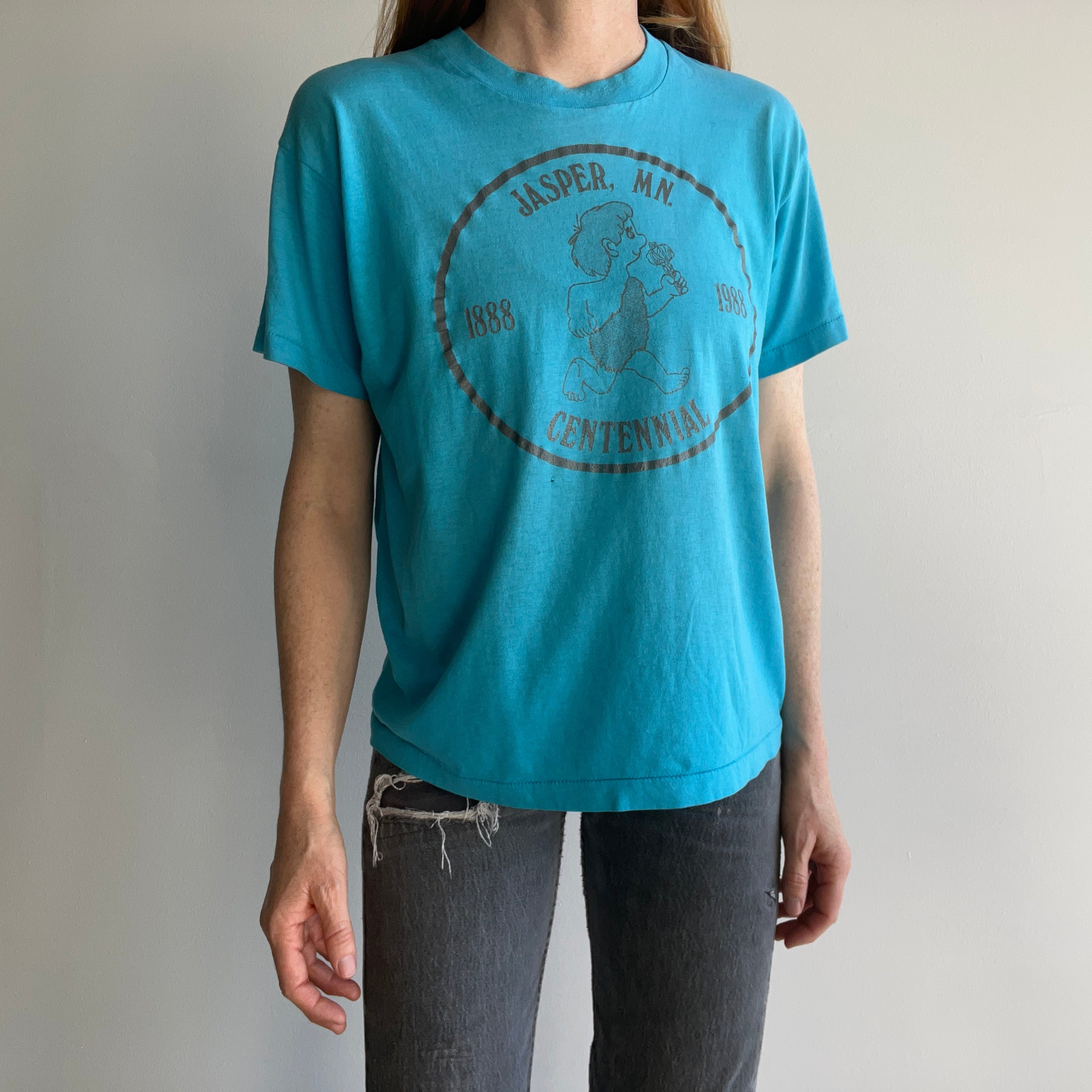 1988 Jasper, Minnesota Centennial Thin and Slouchy Single Stitch T-Shirt with a Cute Little Fellow