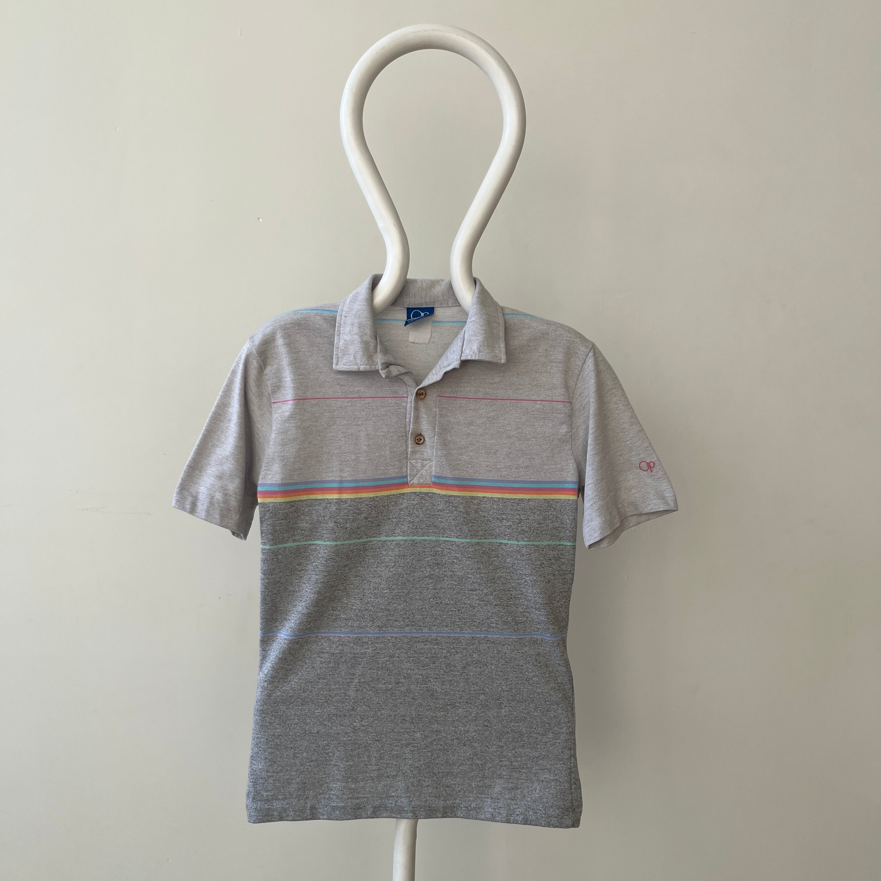 1980s Grey Striped Ocean Pacific Polo Style T Shirt