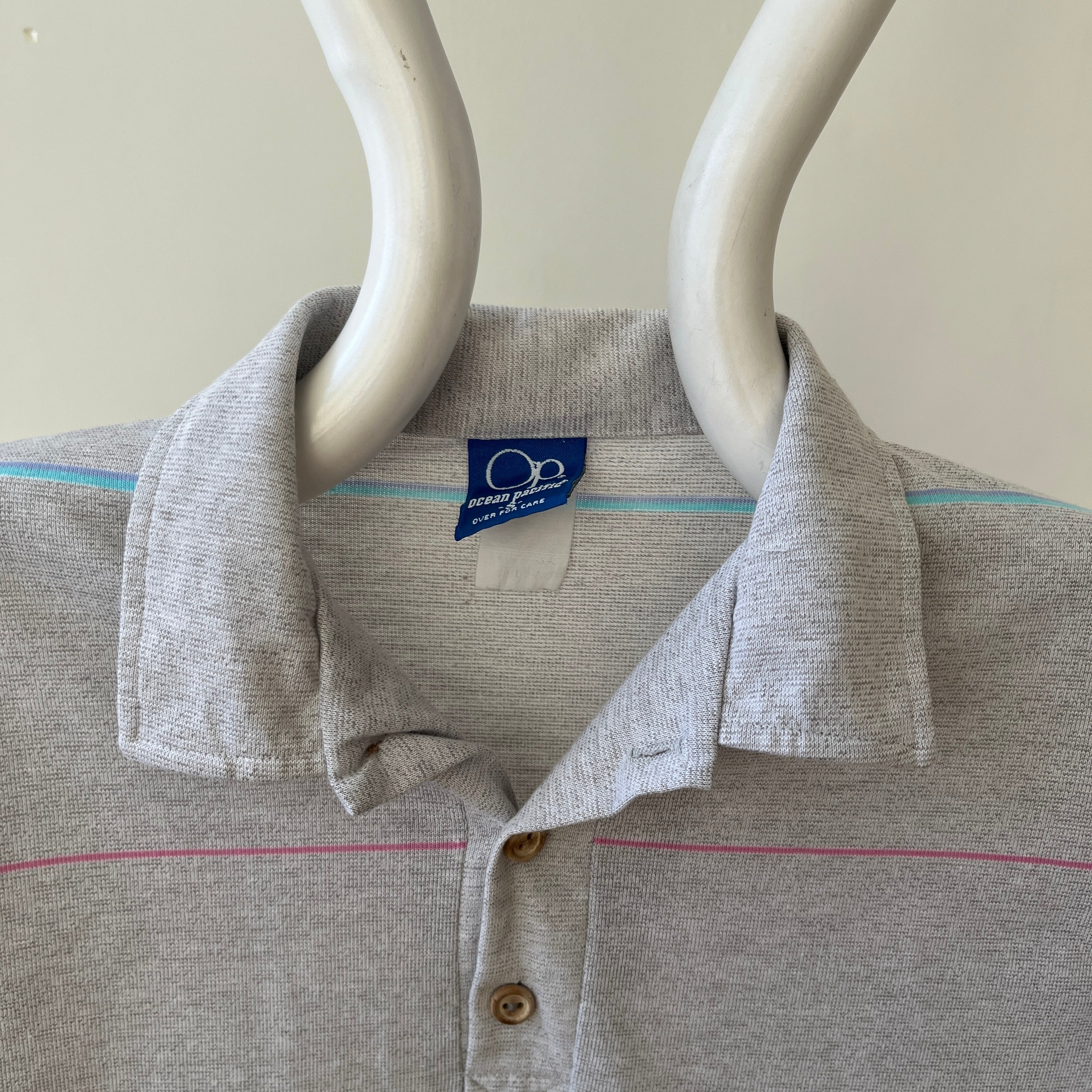 1980s Grey Striped Ocean Pacific Polo Style T Shirt