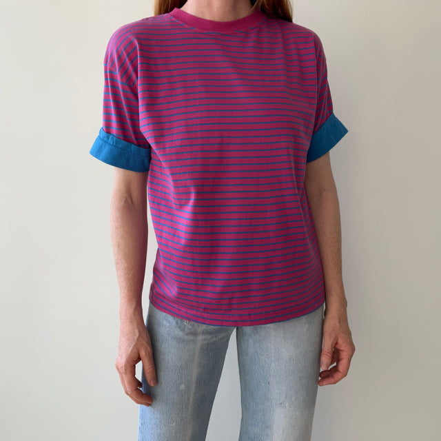 1980s Pink and Blue Striped T-Shirt with Cuffed Sleeves