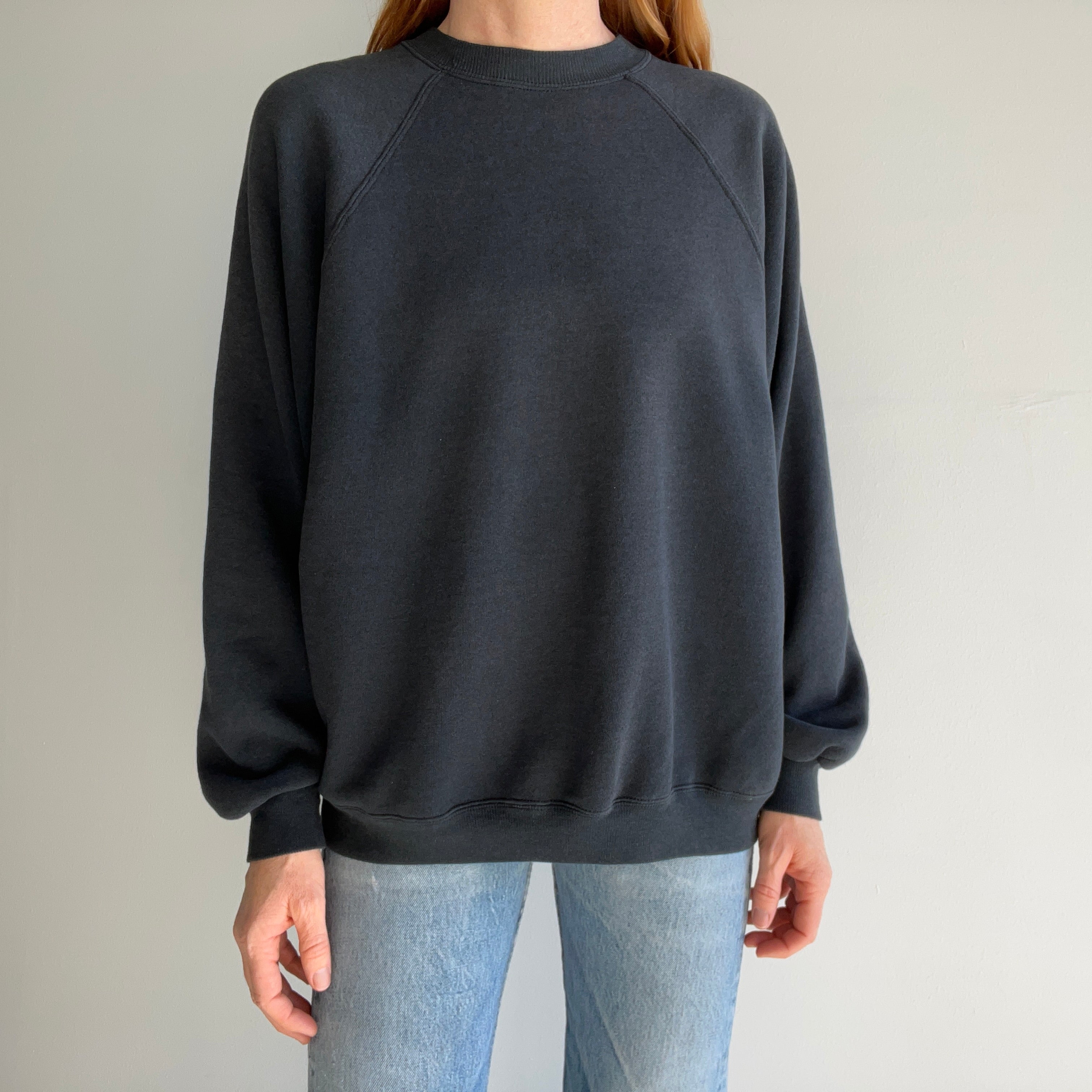 1990s Hanes Luxurious Faded Black Raglan with a Nice Lower Pit for Maximum Comfort - So. Soft.