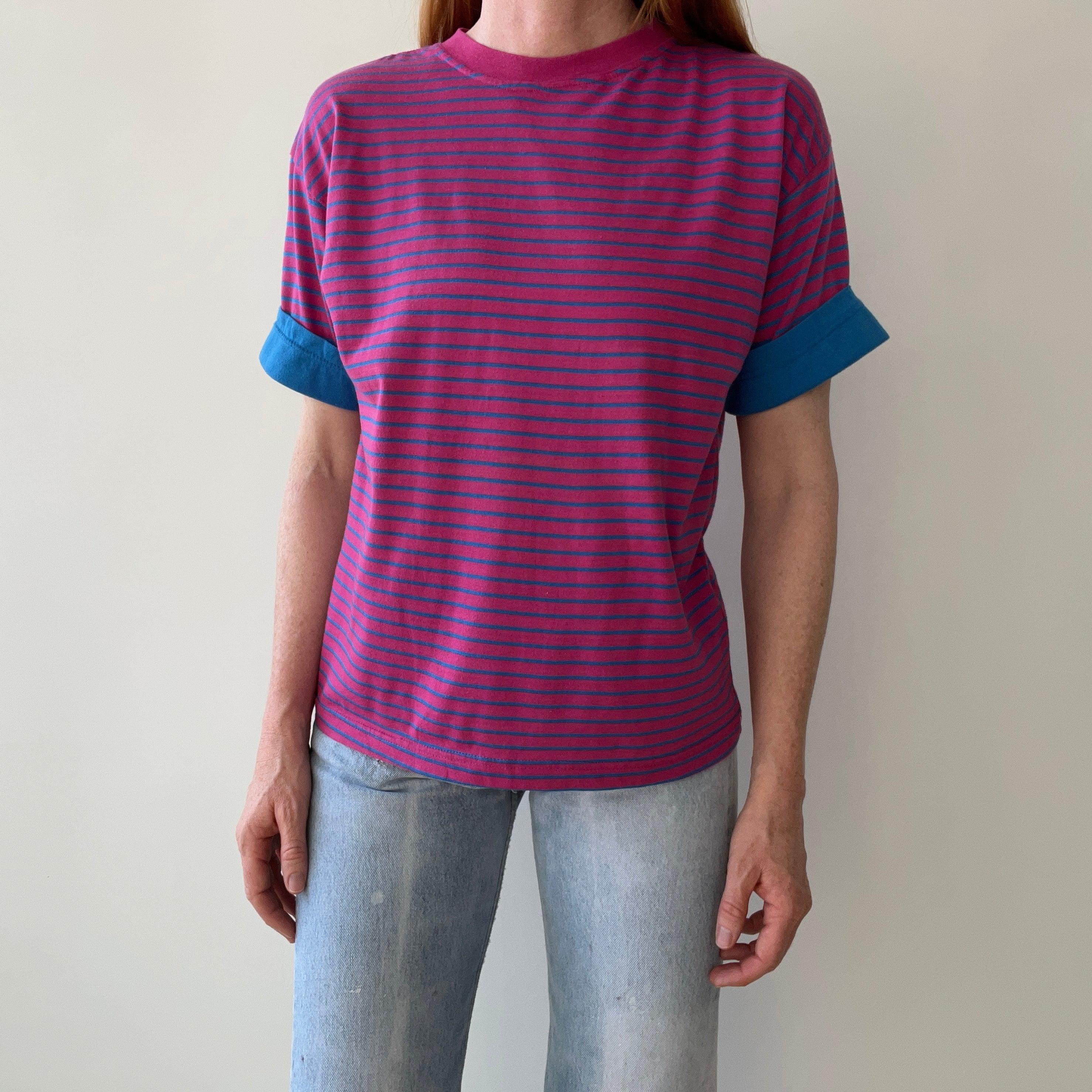 1980s Pink and Blue Striped T-Shirt with Cuffed Sleeves