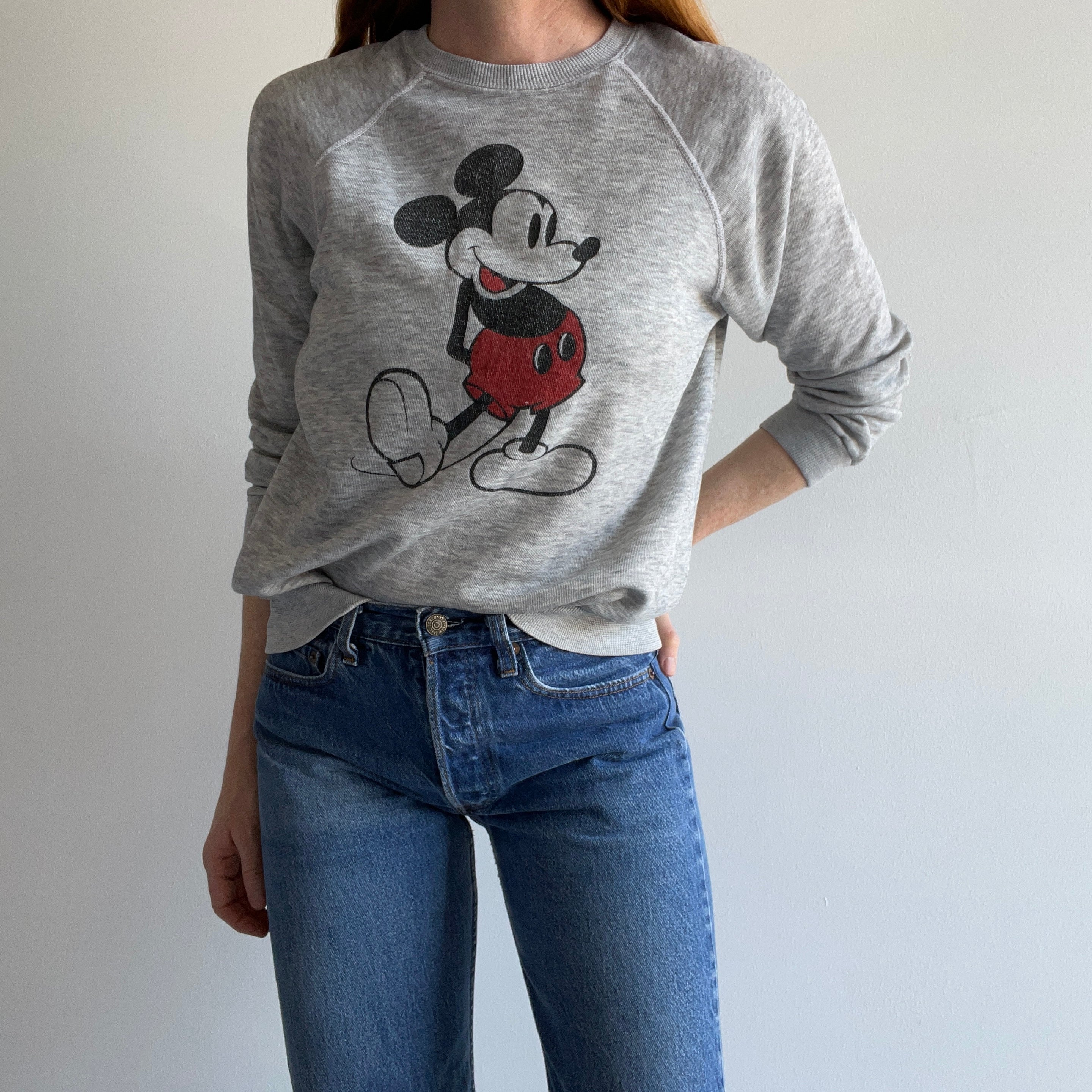 1980s Thinned Out Tattered and Torn Mickey Raglan Sweatshirt - Collectible