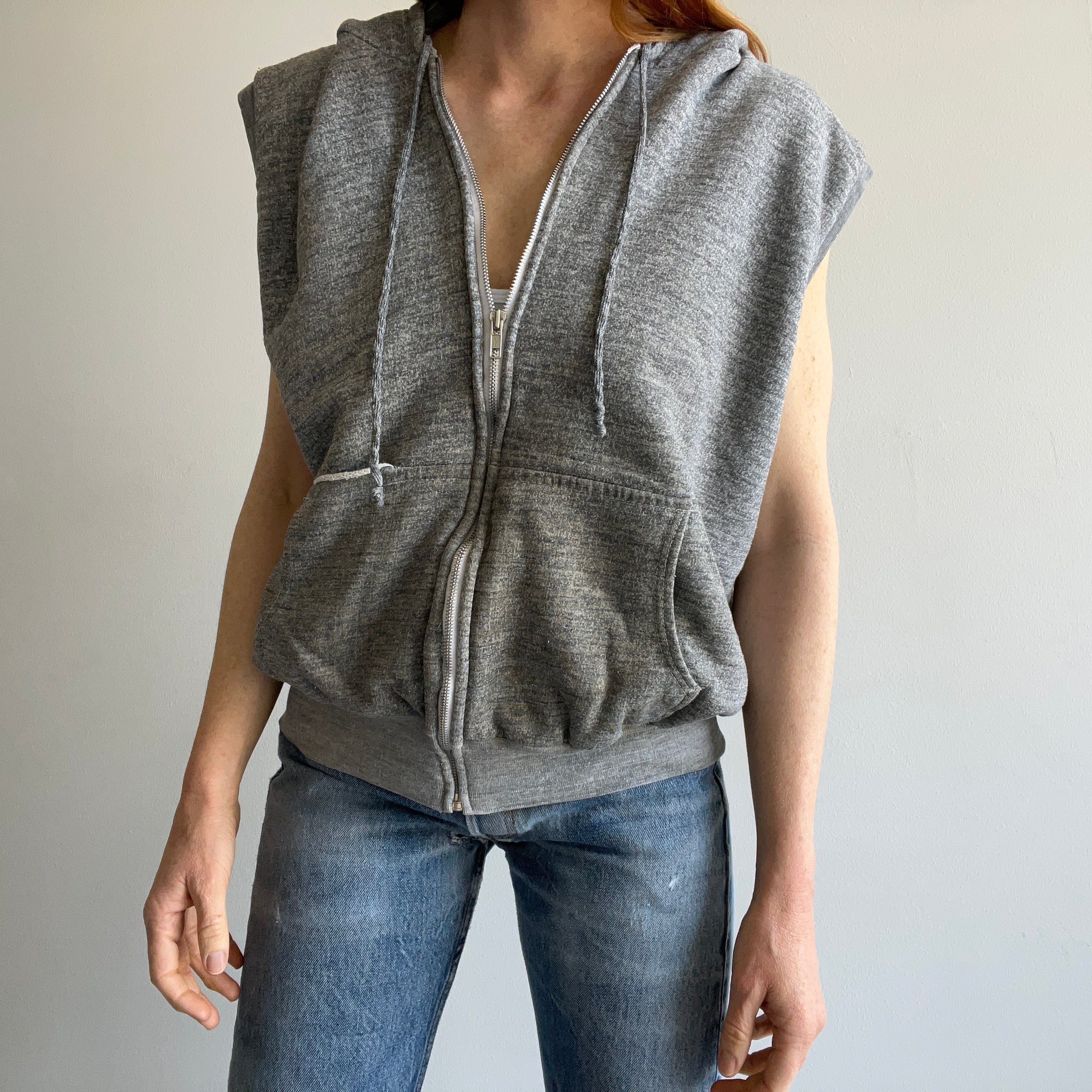 1970s Super Aged and Beat Up Insulated Zip Up Hoodie Vest - WOW