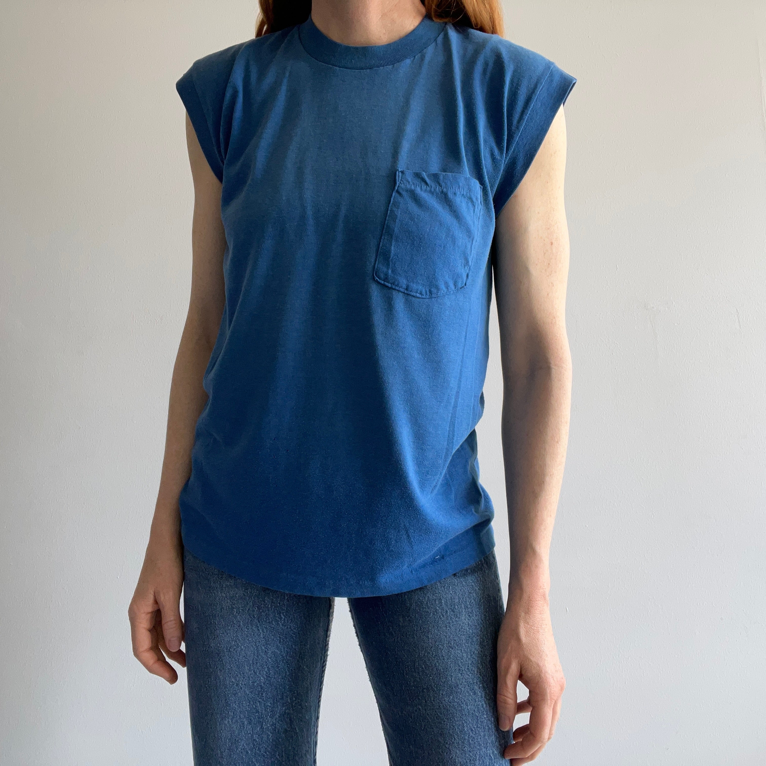 1970s Sun Faded Blank Blue Muscle Tank Pocket T-Shirt by Signal
