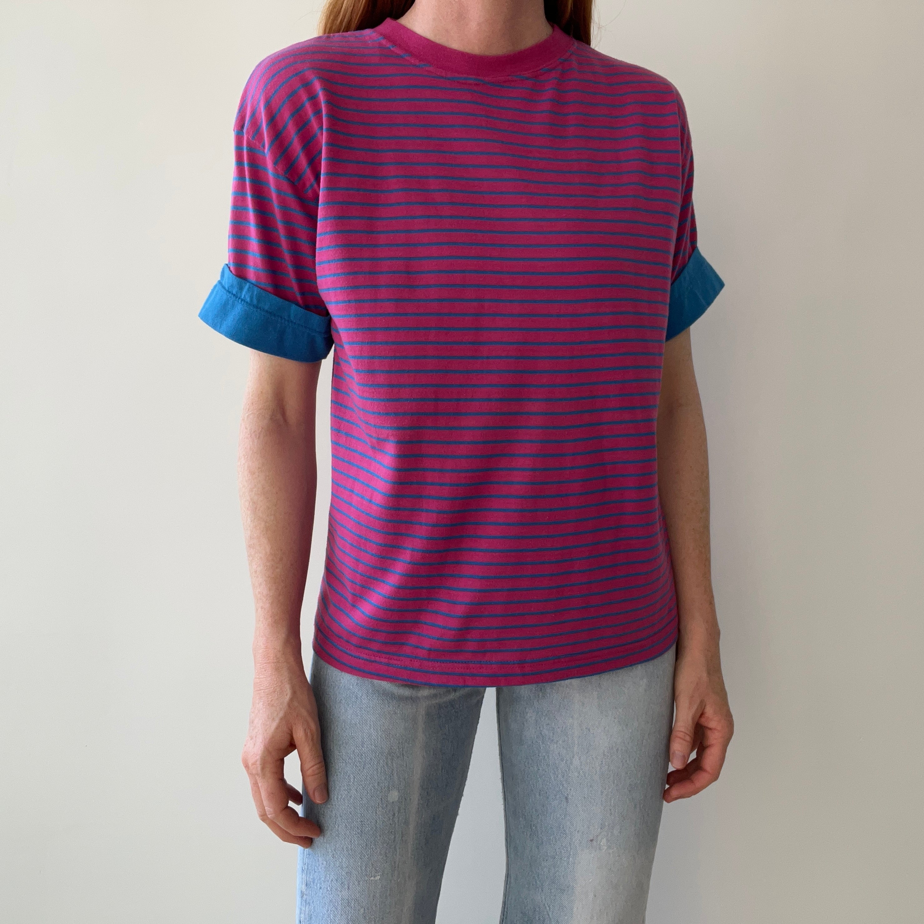 1980s Pink and Blue Striped T-Shirt with Cuffed Sleeves