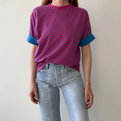 1980s Pink and Blue Striped T-Shirt with Cuffed Sleeves