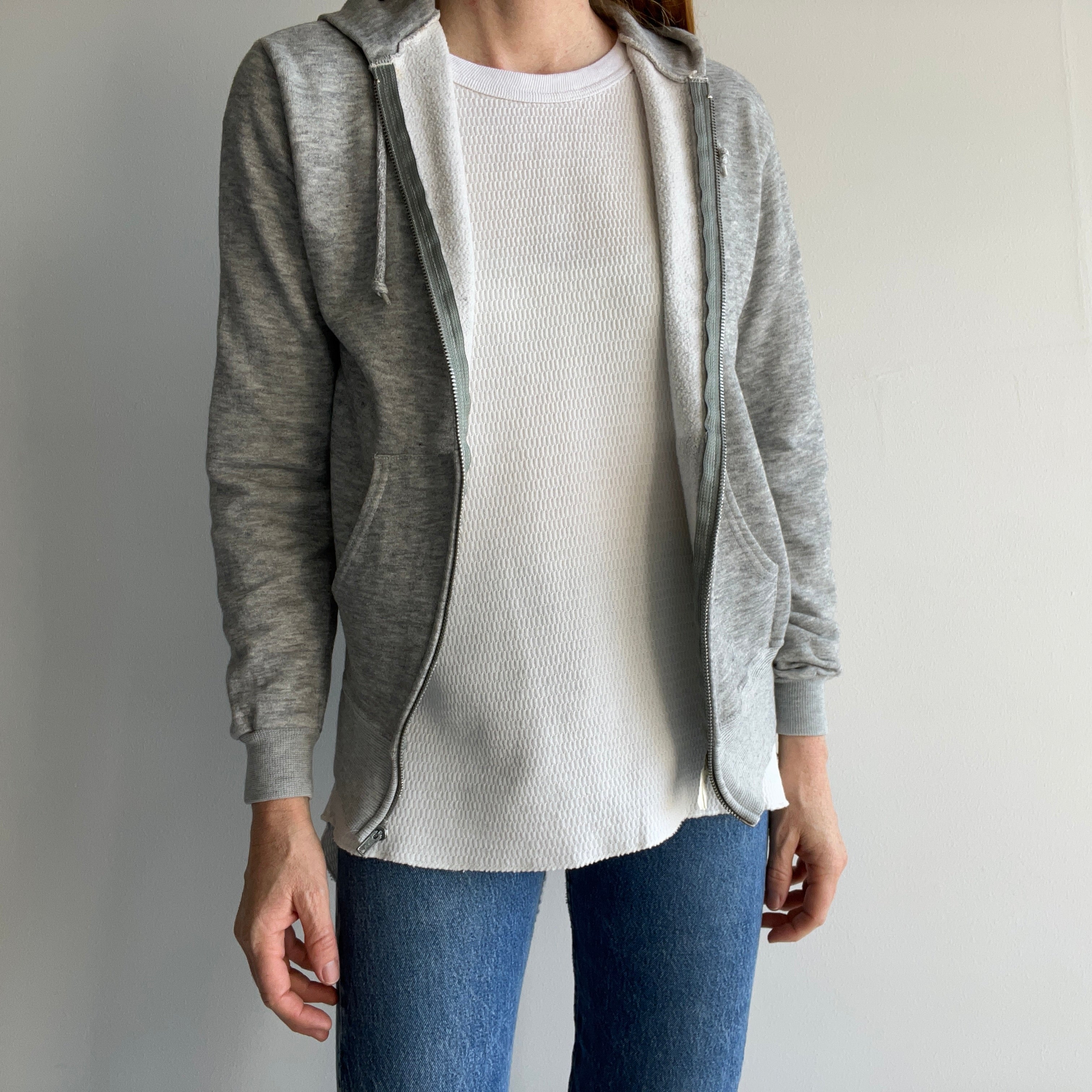 1980s Gray Zip Up Hoodie - Long Slim Fit