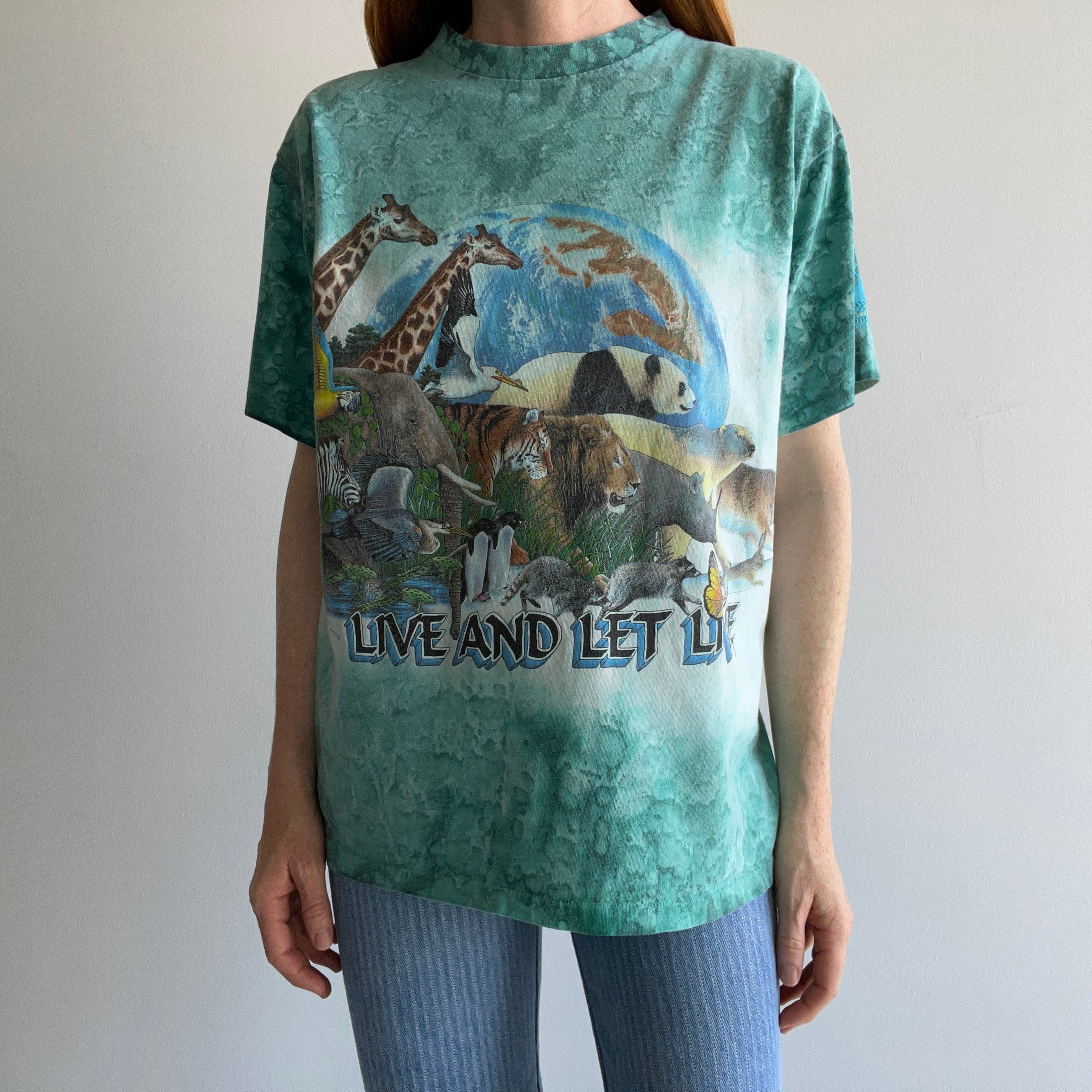 1990 Live and Let Live Habitat Rainforest Tie Dye Wrap Around Animal T-Shirt - !!!!!!!!!