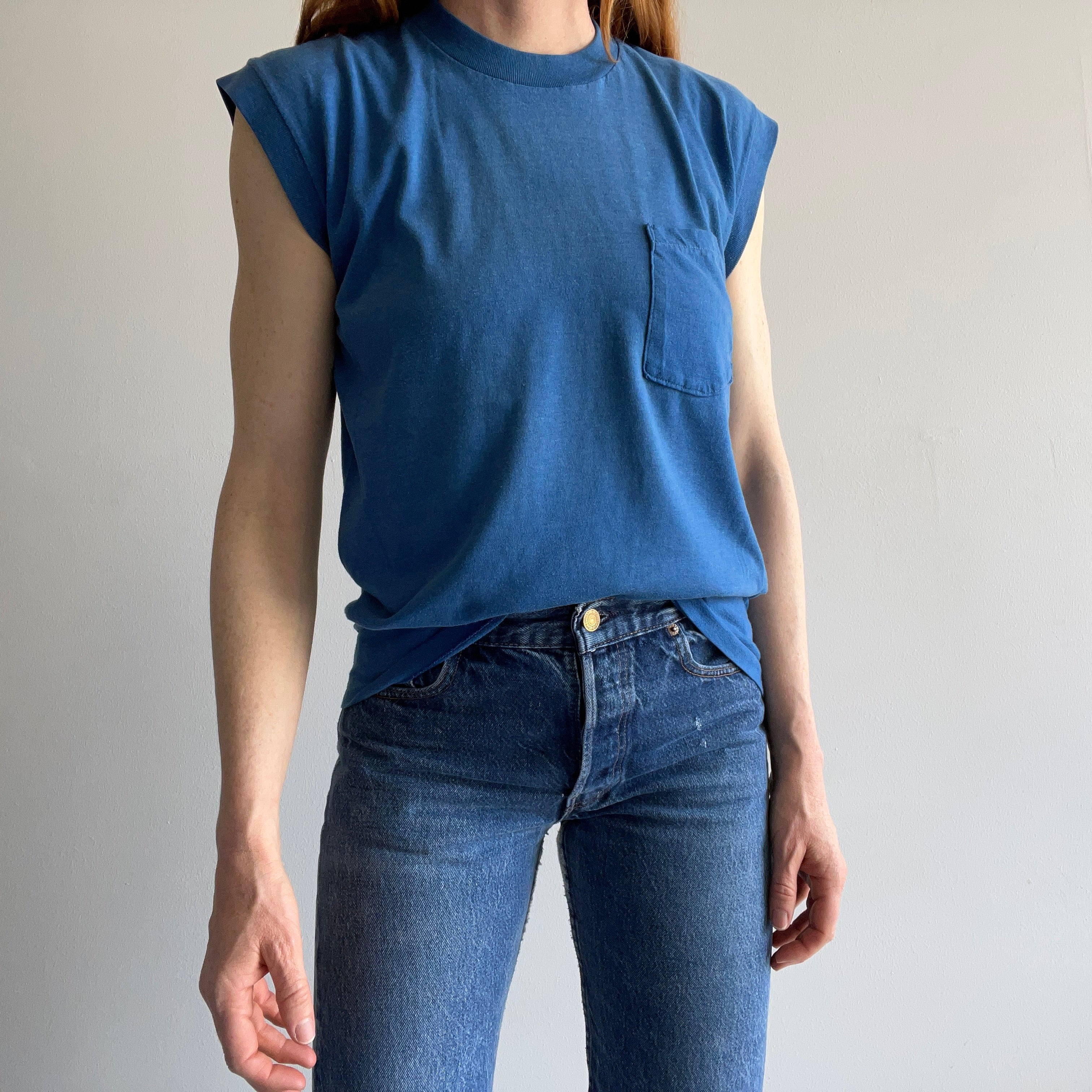 1970s Sun Faded Blank Blue Muscle Tank Pocket T-Shirt by Signal