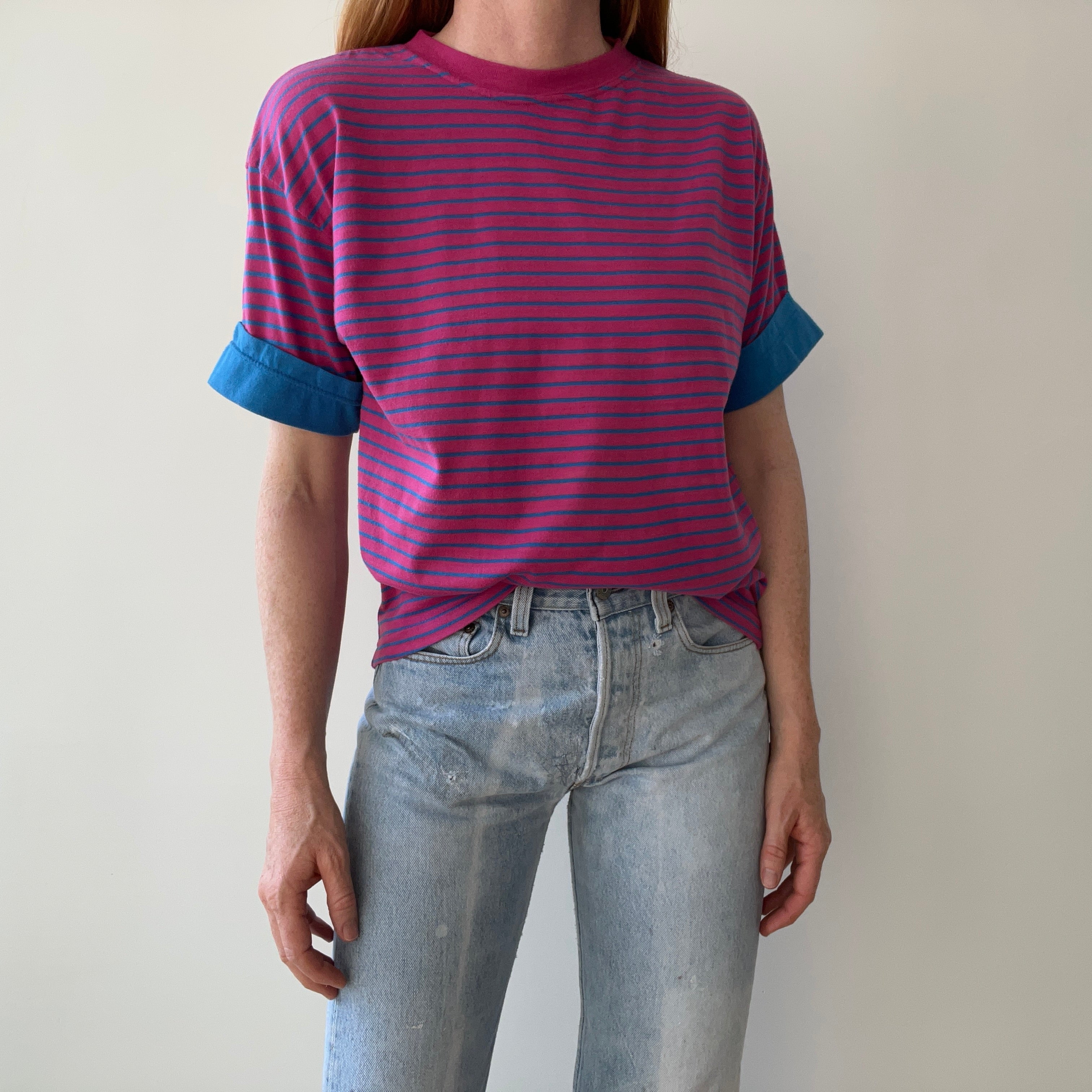 1980s Pink and Blue Striped T-Shirt with Cuffed Sleeves