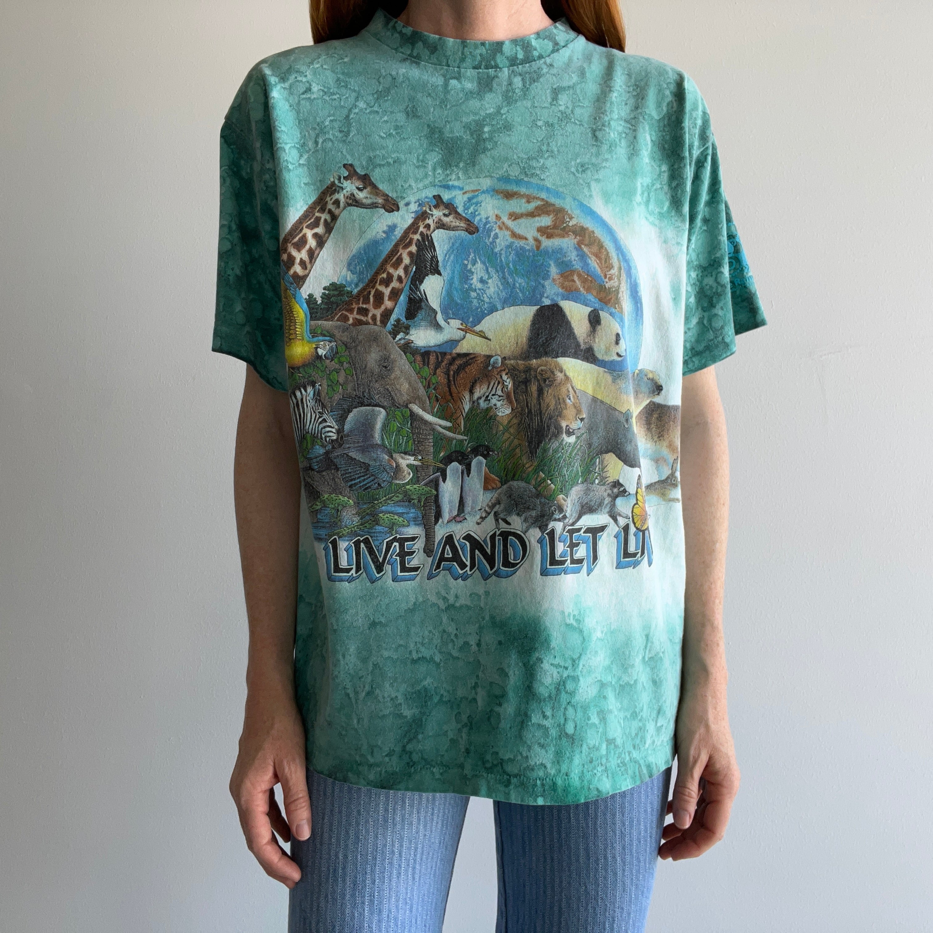 1990 Live and Let Live Habitat Rainforest Tie Dye Wrap Around Animal T-Shirt - !!!!!!!!!