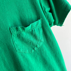 1980s Grass Green Cotton Pocket T-Shirt with Bleach Staining