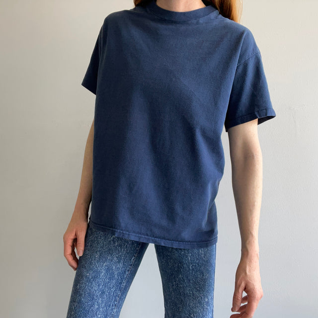 1990s Faded Blank Navy Cotton T-shirt by Hanes