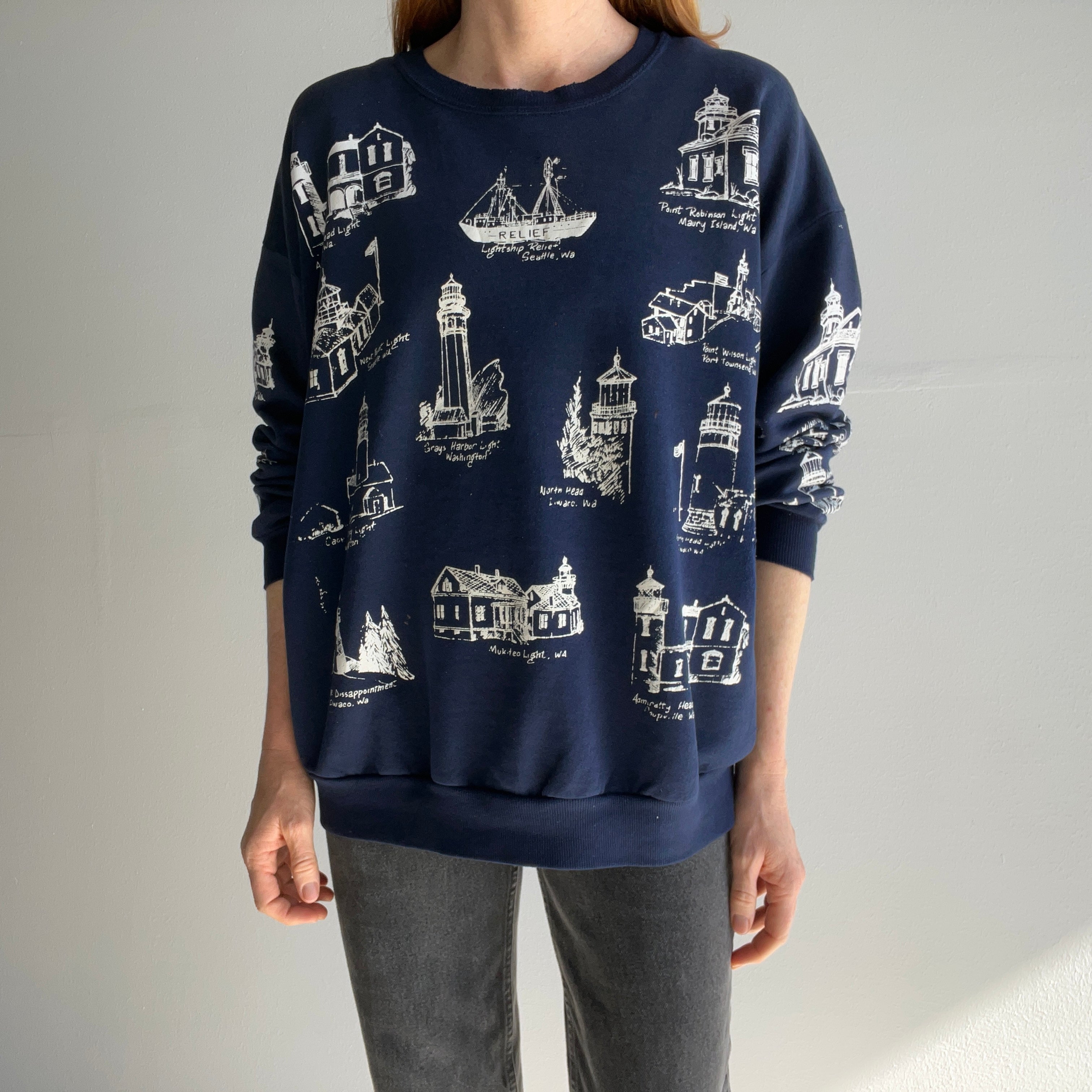 1980/90s Washington Lighthouses Thinned Out Tattered Torn and Shredded Sweatshirt - WOW