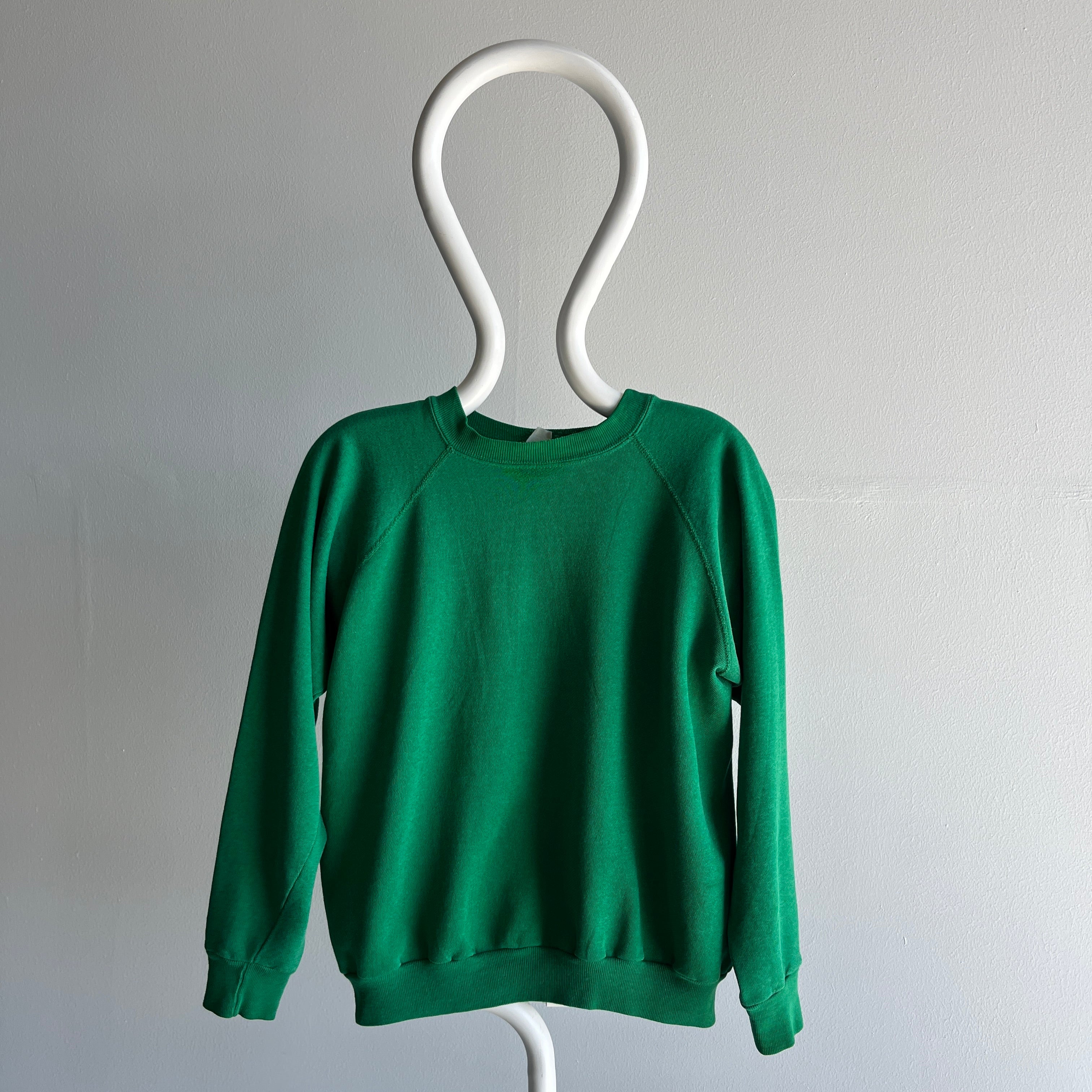 1980s Split Collar Thinned Out Green Light Green Raglan Sweatshirt